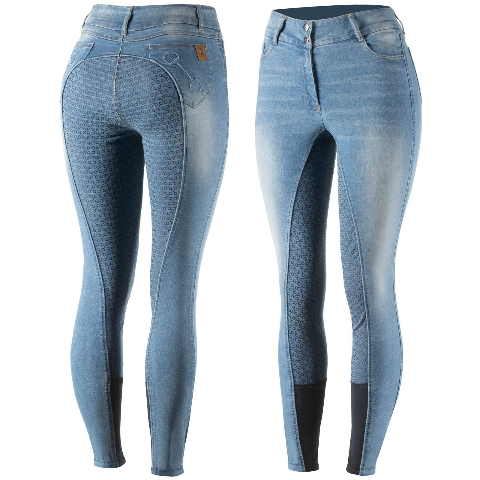 HORZE Kaia Women's Denim Horse Riding Pants - High Waist Silicone Full Seat Breeches with Accurate Size Chart | Perfect for Equestrian Training, Show Jumping & Casual Riding
