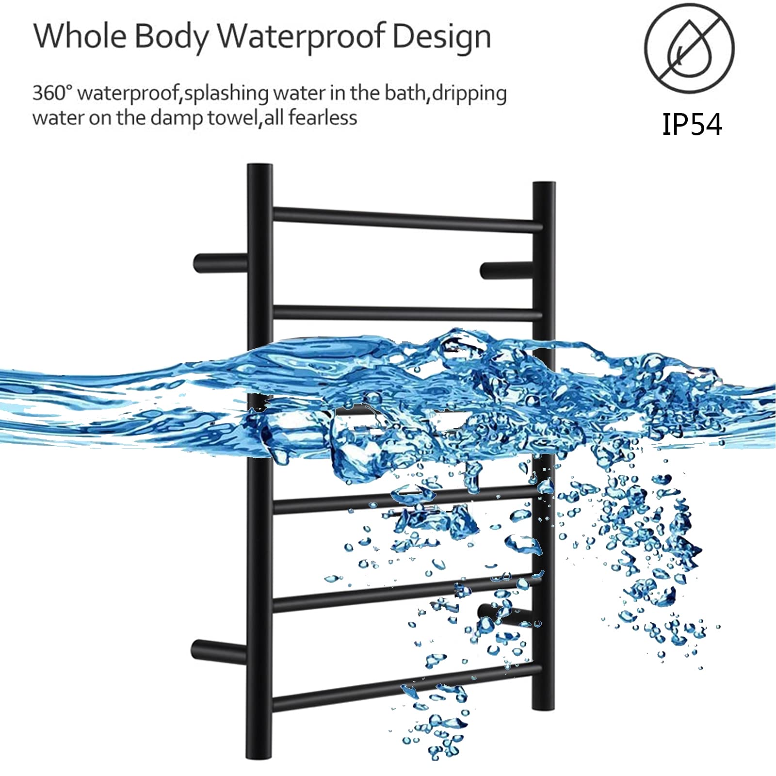 Electric Heated Towel Rack - 6 Round Bar Wall Mounted Towel Warmer, Energy Efficient 304 Stainless Steel Bathroom Heater with Plug-in Design (Black) - Perfect for Spa-Like Luxury & Quick Drying in Modern Homes