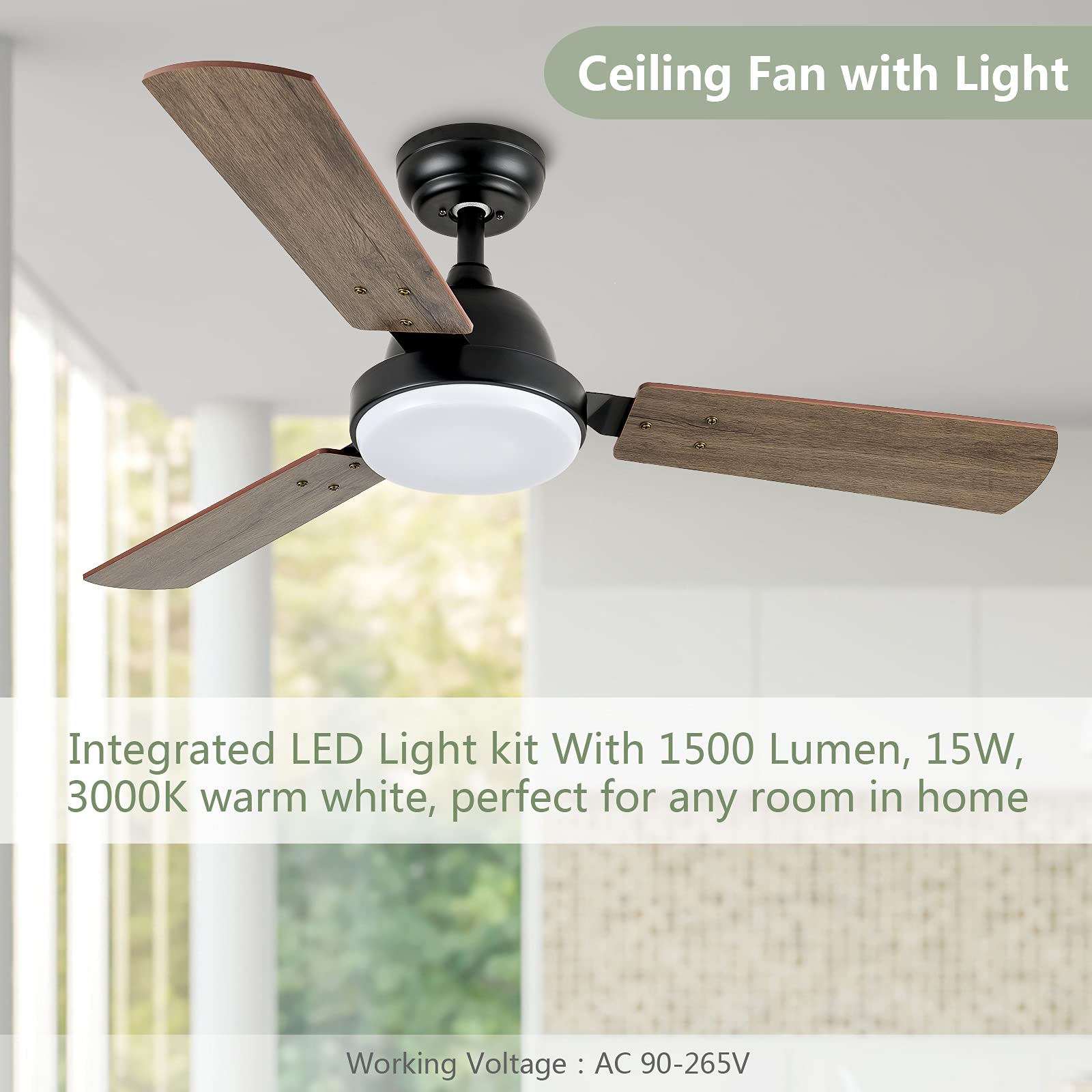 Simple Deluxe 44-inch Ceiling Fan with LED Light & Remote Control - 6 Speed Settings, 2 Rotation Modes, Timer Function - Perfect for Living Room, Bedroom & Office Cooling