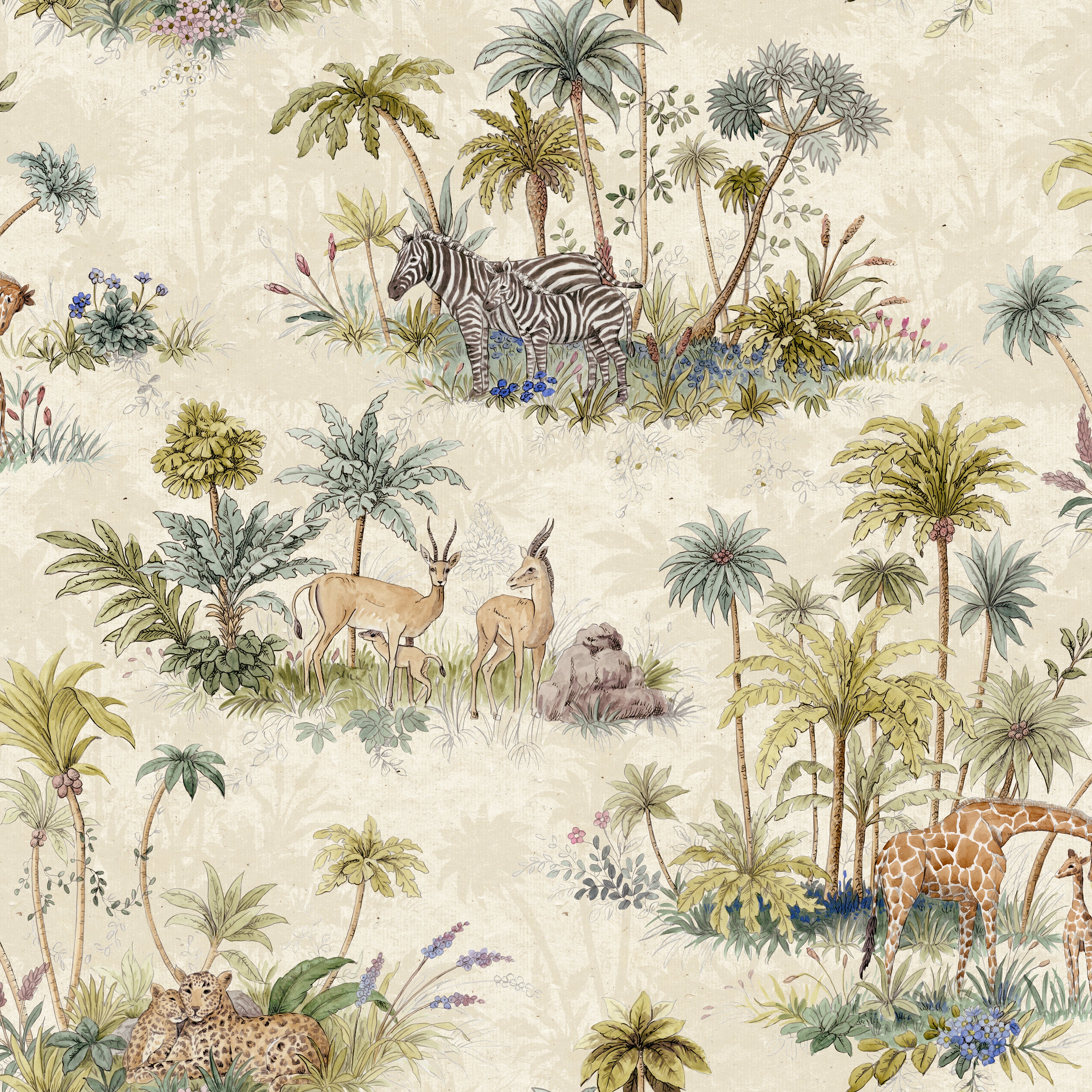 Safari Animal Print Wallpaper - Cream Neutral Jungle Theme Peel and Stick Removable Wallpaper for Nursery, Kids Room, or Living Room Decor
