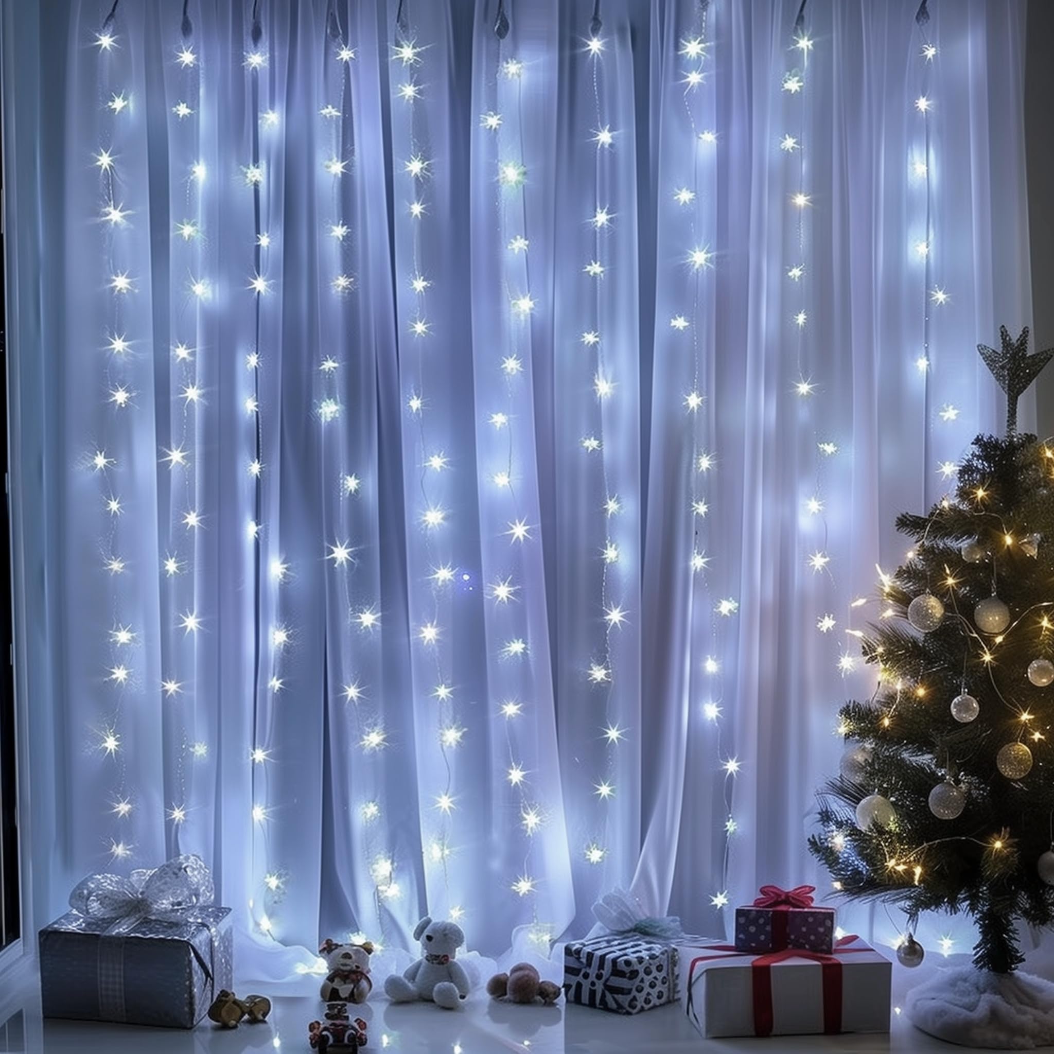 300 LED USB Powered Window Curtain String Lights - 8 Lighting Modes Waterproof Fairy Lights for Christmas Decor, Bedroom, Wedding, Party & Garden Wall Decorations (White) | Perfect for Indoor/Outdoor Holiday Lighting & Romantic Ambiance