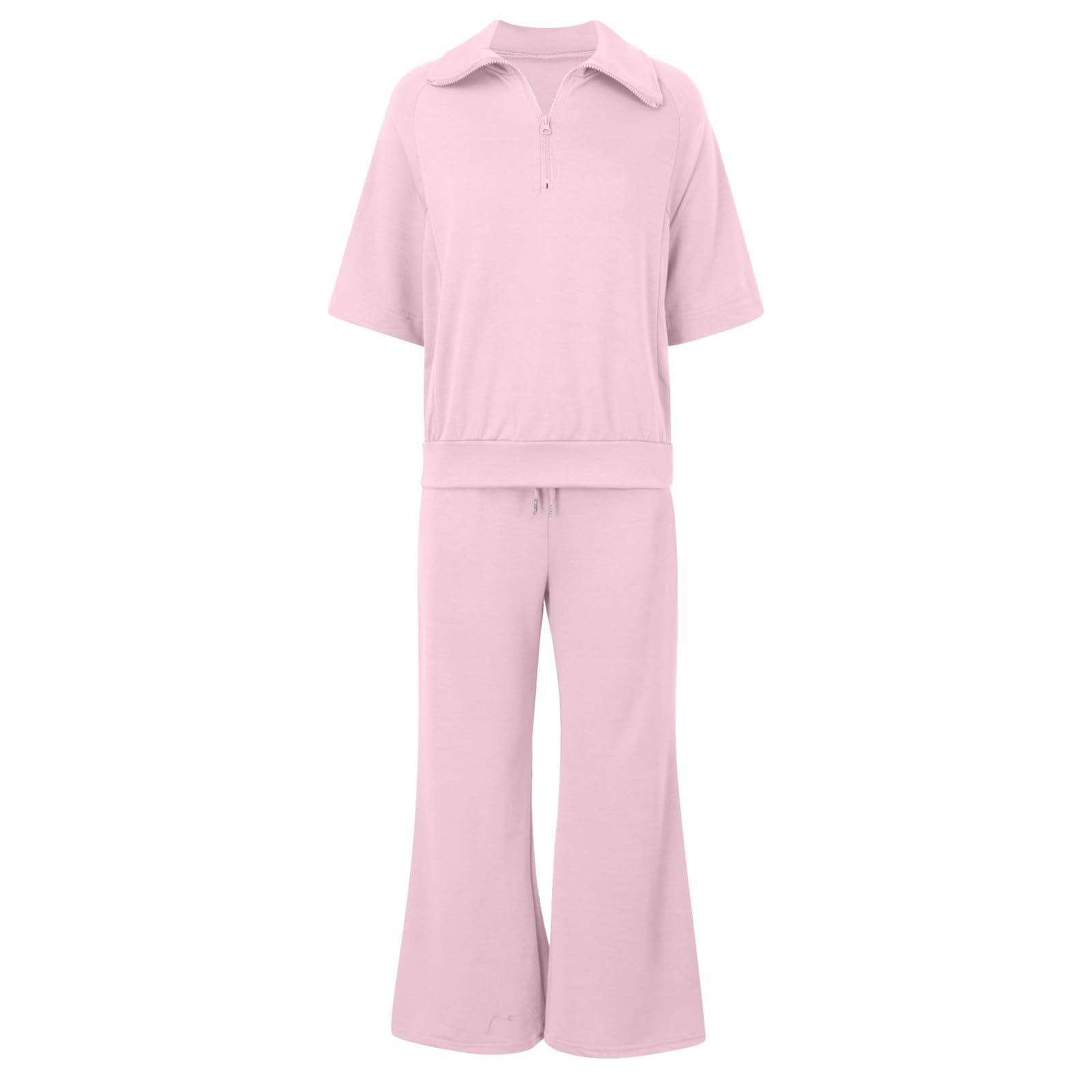 2 Piece Women's Summer Lounge Set - Cotton Quarter Zipper Tops & Drawstring Wide Leg Pants for Beach, Vacation & Casual Wear