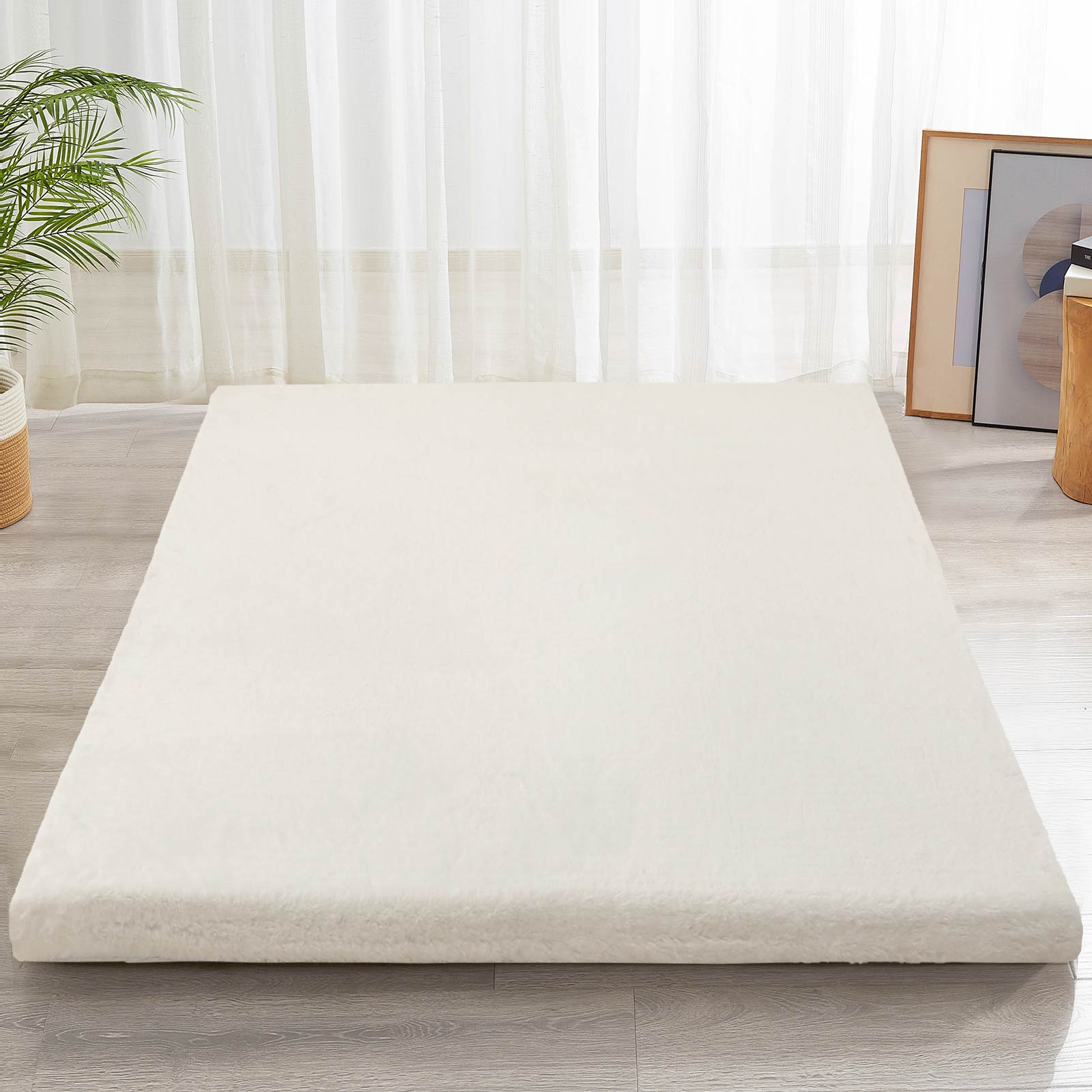 MAXYOYO Faux Fur Mattress Topper - Soft & Removable Fluffy Futon Mattress for Lounging, Napping, or Sleeping - Cream Color - Perfect for Bedroom, Living Room, or Guest Room Comfort