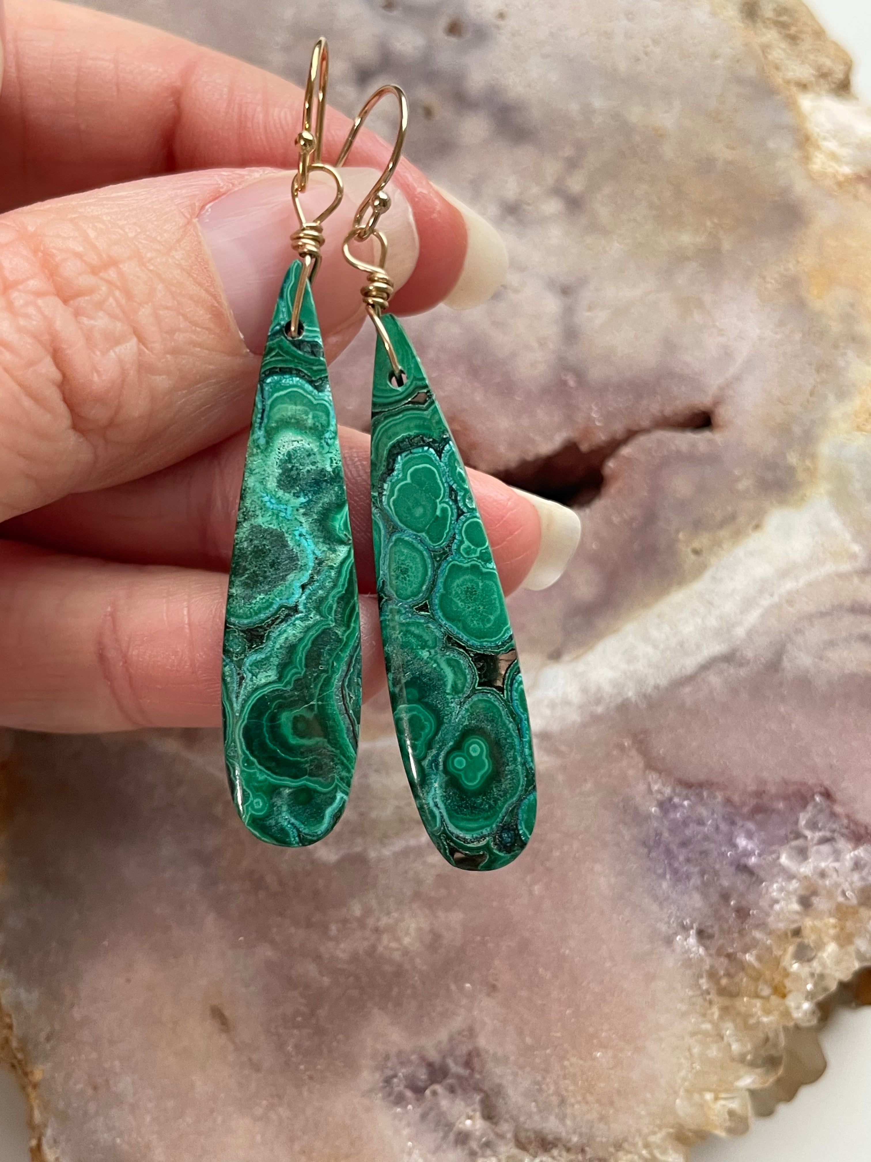 14kt Gold Filled Malachite Crystal Dangle Earrings for Women - Elegant Green Gemstone Jewelry for Parties, Weddings & Special Occasions