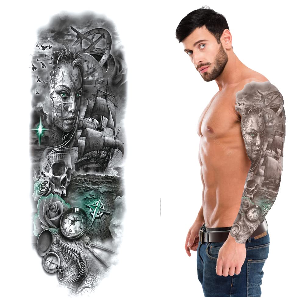 Full Arm Temporary Tattoo for Men & Women - Green Eyes Roses Skull Compass Boat Design - 48x17CM Waterproof Tattoo Sticker (1PC) | Perfect for Parties, Halloween, Cosplay & Fashion Events