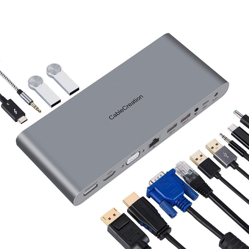 CableCreation Thunderbolt 3 Dock 13-in-1 USB C Hub with DisplayPort, VGA, HDMI, Ethernet, 2 Audio Ports, 4 USB A, USB C PD - 1.6ft Cable - Compatible with MacBook Pro/Air 2019/2018, Windows USB-C Laptops - Perfect for Home Office, Gaming & Video Editing Setup
