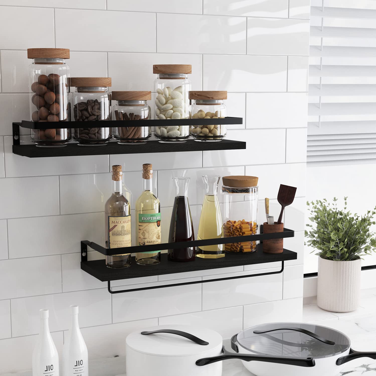 Floating Shelves for Wall - Set of 2 Black Wall Mounted Storage Shelves with Towel Bar for Bathroom & Kitchen | Space Saving Organization for Towels, Spices & Decor