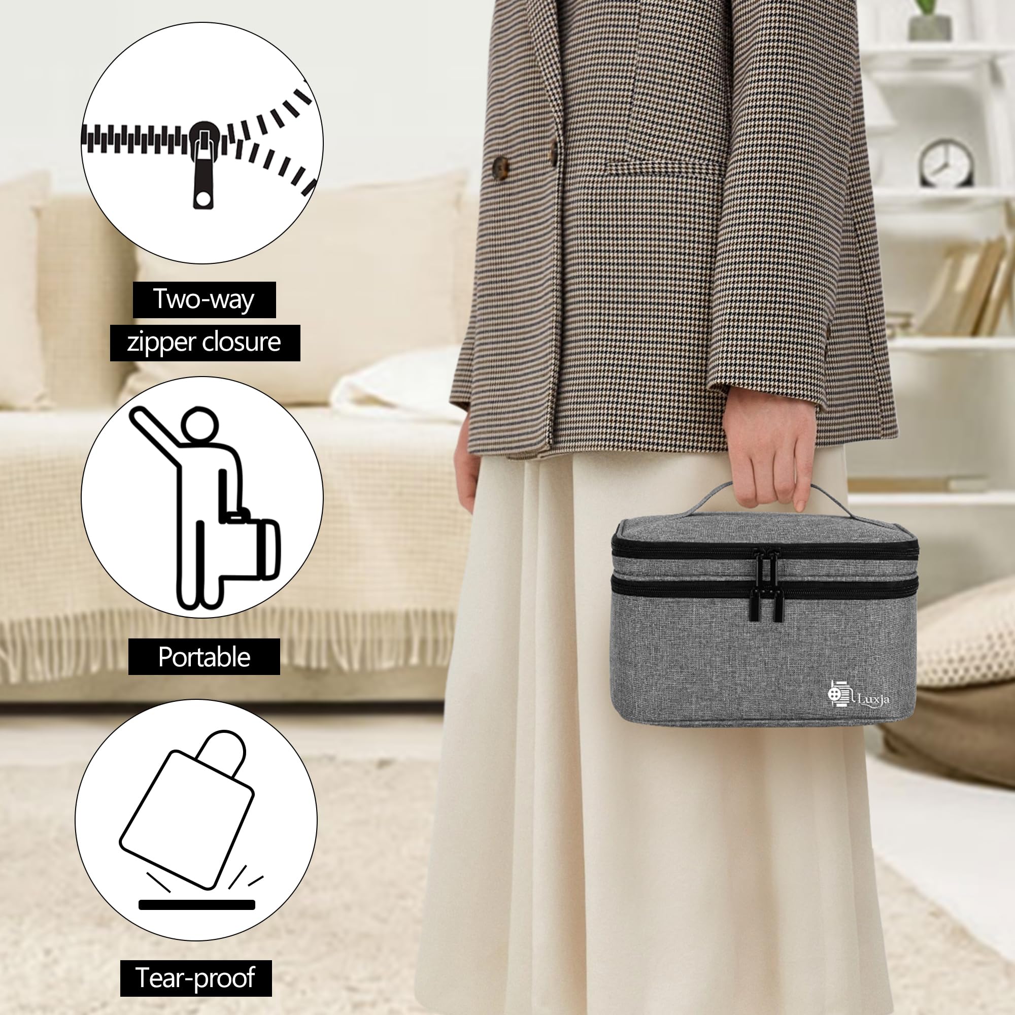 Luxja Double-Layer Sewing Accessories Organizer - Large Gray Storage Case for Needles, Thread, Scissors, Measuring Tape & Sewing Tools | Perfect for Home Sewing, Quilting, Craft Projects & Travel