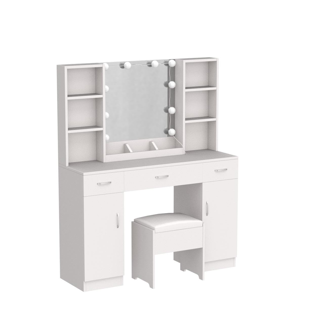 Vabches White Makeup Vanity Desk with LED Lights - 3 Adjustable Lighting Colors, Large Dressing Table with 3 Drawers, 2 Cabinets & Multiple Shelves (45.2 Inch) - Perfect for Bedroom, Dorm Room & Beauty Salon Makeup Station