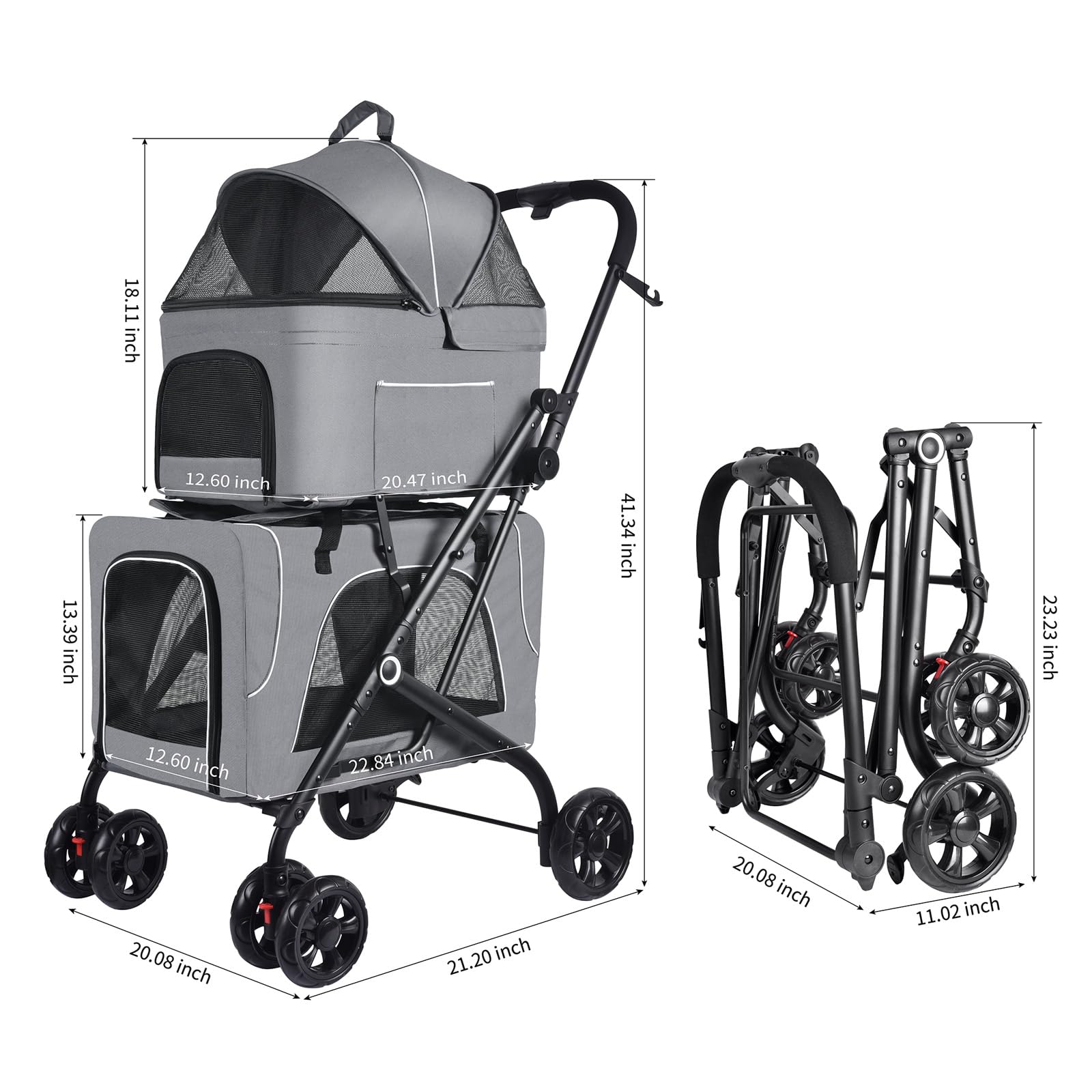 Double Pet Stroller for Small & Medium Dogs & Cats - 2 Detachable Carrier Bags, Foldable Design, Travel-Friendly (Grey & Black) - Perfect for Park Walks, Vet Visits & Outdoor Adventures