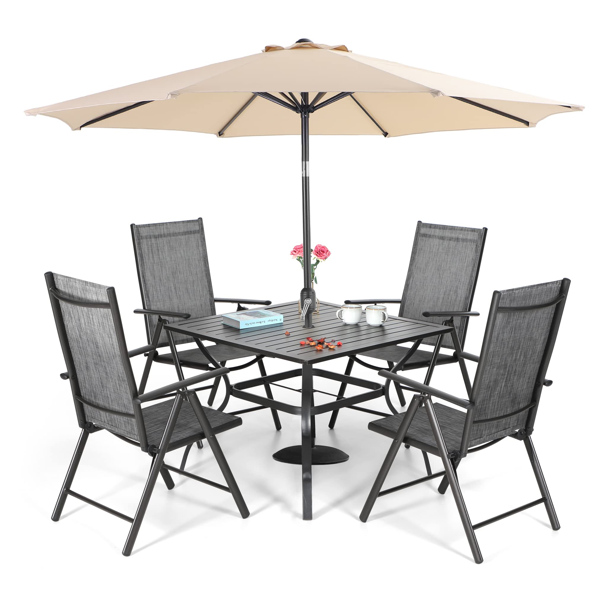 5-Piece Outdoor Patio Furniture Set with 9 ft Beige Umbrella - Grey Folding Sling Chairs & Square Metal Table with 1.57