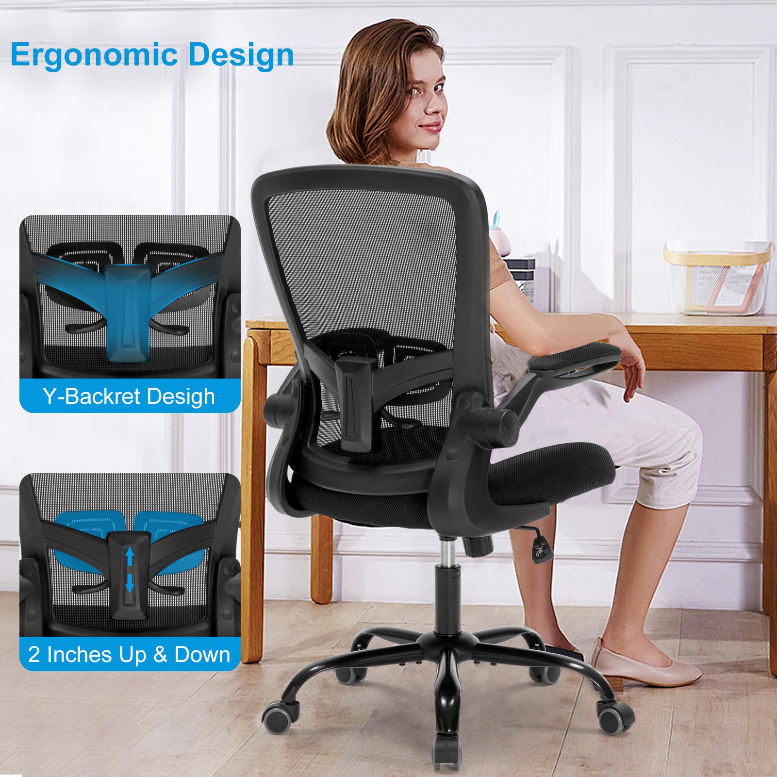 Ergonomic Mesh Office Chair with Adjustable Lumbar Support - Swivel Rolling Computer Desk Chair for Home Office, Study Room & Bedroom - Comfortable Executive Chair for Adults & Students (Black) - Perfect for Long Work Hours & Online Classes