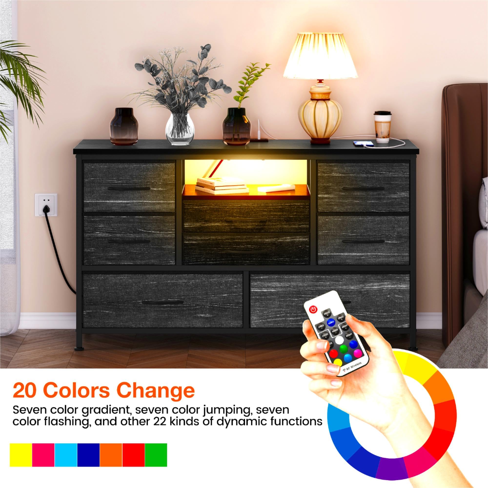 Jojoka 8-Drawer TV Stand with Power Outlet & LED Lights for 55 Inch TVs - Long Wooden Dresser for Bedroom Storage - Wide Console Table with 8 Deep Drawers for Living Room, Entryway, Closet Organization & Home Decor
