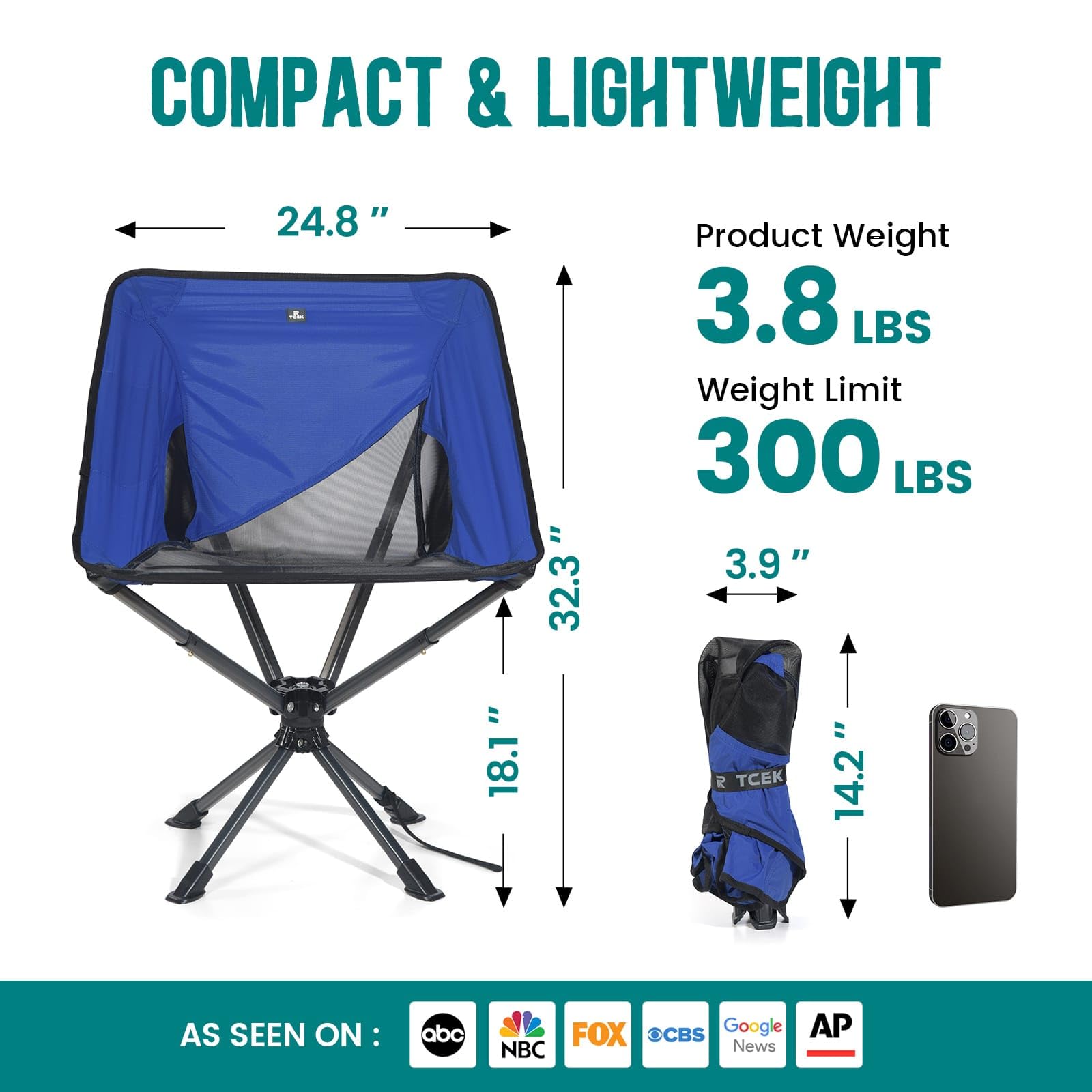Portable Swivel Folding Chair - Compact & Lightweight Collapsible Camping Chair for Adults, Quick Setup in 8 Seconds, Supports 300 lbs - Perfect for Outdoor Camping, Hiking, Beach, Travel, Picnics & Backpacking Adventures