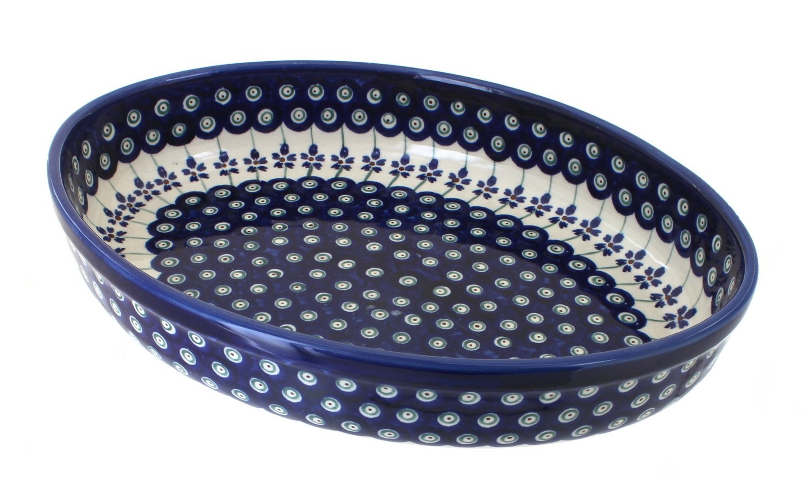 Blue Rose Polish Pottery Flowering Peacock Medium Oval Baker - Handmade Ceramic Baking Dish for Casseroles, Desserts & Serving - Perfect for Holidays, Dinner Parties & Gift Giving