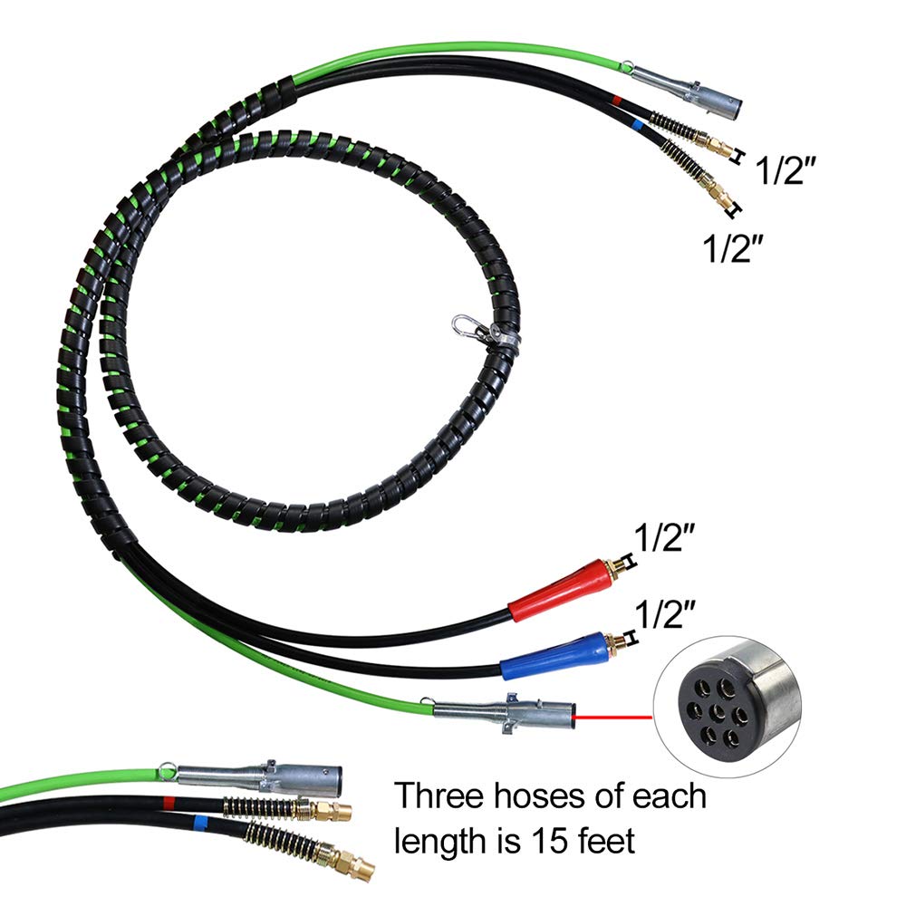 KOOTANS 15FT Semi Truck Air Lines Kit - 3-in-1 Trailer Cord & Air Brake Hoses Assembly with 7-Way ABS Electric Power Line | Durable Air Hoses Kit for Semi Truck, Trailer & Tractor | Ideal for Long-Haul Transport & Heavy-Duty Towing