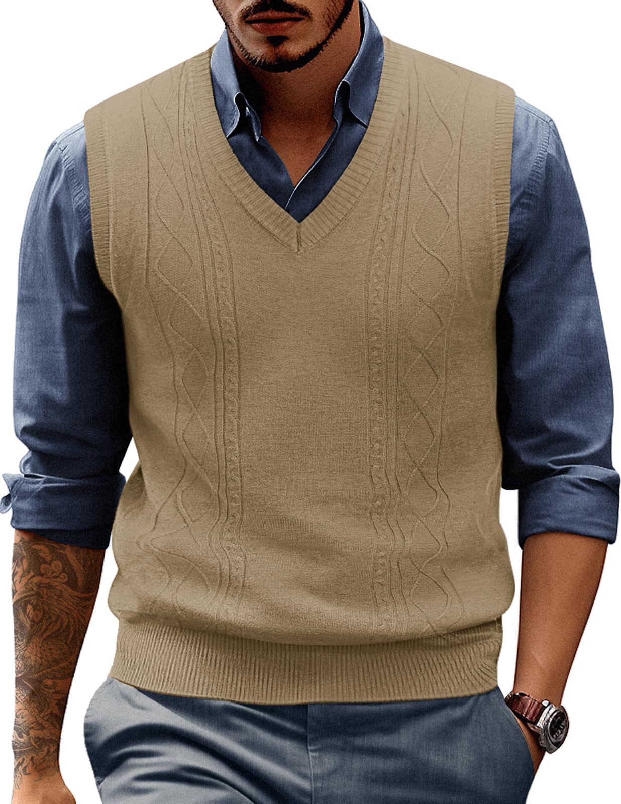 PJ PAUL JONES Men's Slim Fit V-Neck Cable Knit Sweater Vest - Winter Warm Pullover for Casual & Office Wear - Perfect for Layering with Shirts or Suits