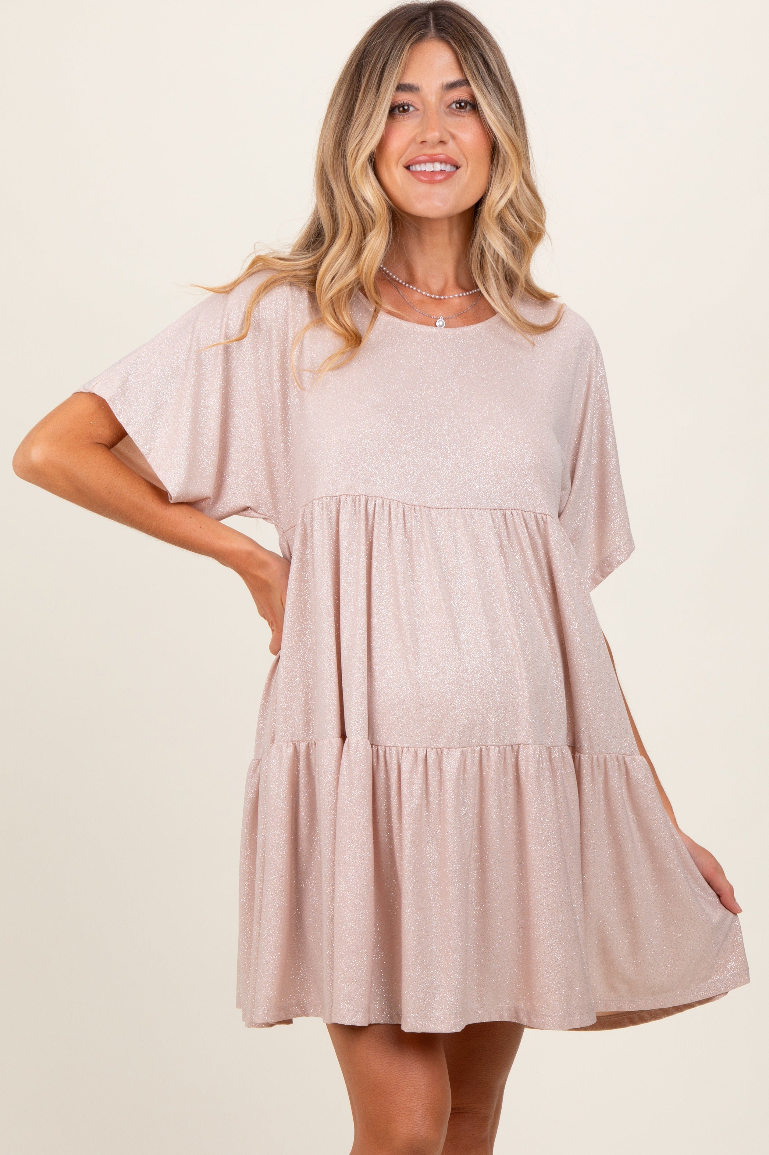 Beige Glitter Flutter Sleeve Tiered Maternity Dress for Pregnancy Photoshoot, Baby Shower & Special Occasions | Comfortable & Stylish Plus Size Dress for Expecting Moms