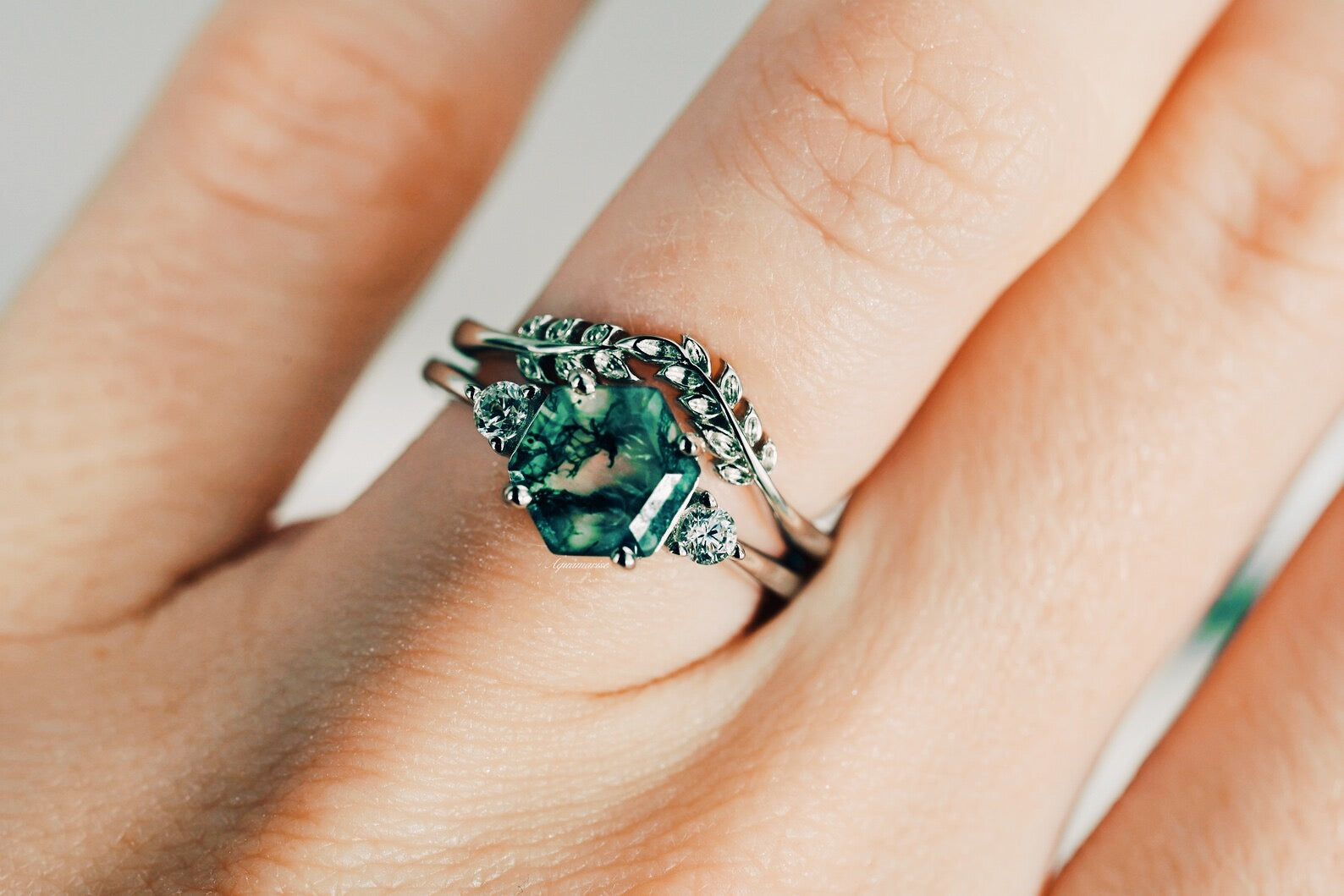 Hexagon Moss Agate Fairy Ring Set - Sterling Silver Jewelry for Women, Boho Wedding Rings, Nature-Inspired Engagement Rings - Perfect for Bridal, Gift Giving & Spiritual Healing