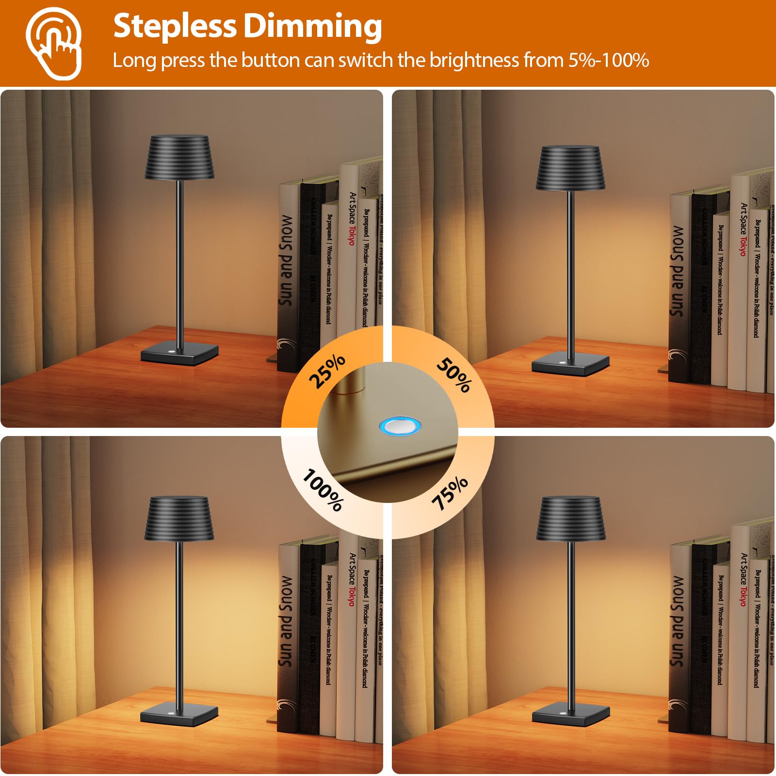Rechargeable Cordless LED Desk Lamp - 5000mAh Battery, Aluminum Metal Housing, 3 Brightness Levels, USB Powered Portable Night Light for Home Office, Restaurant, Bar & Outdoor Use (Black, 2-Pack)