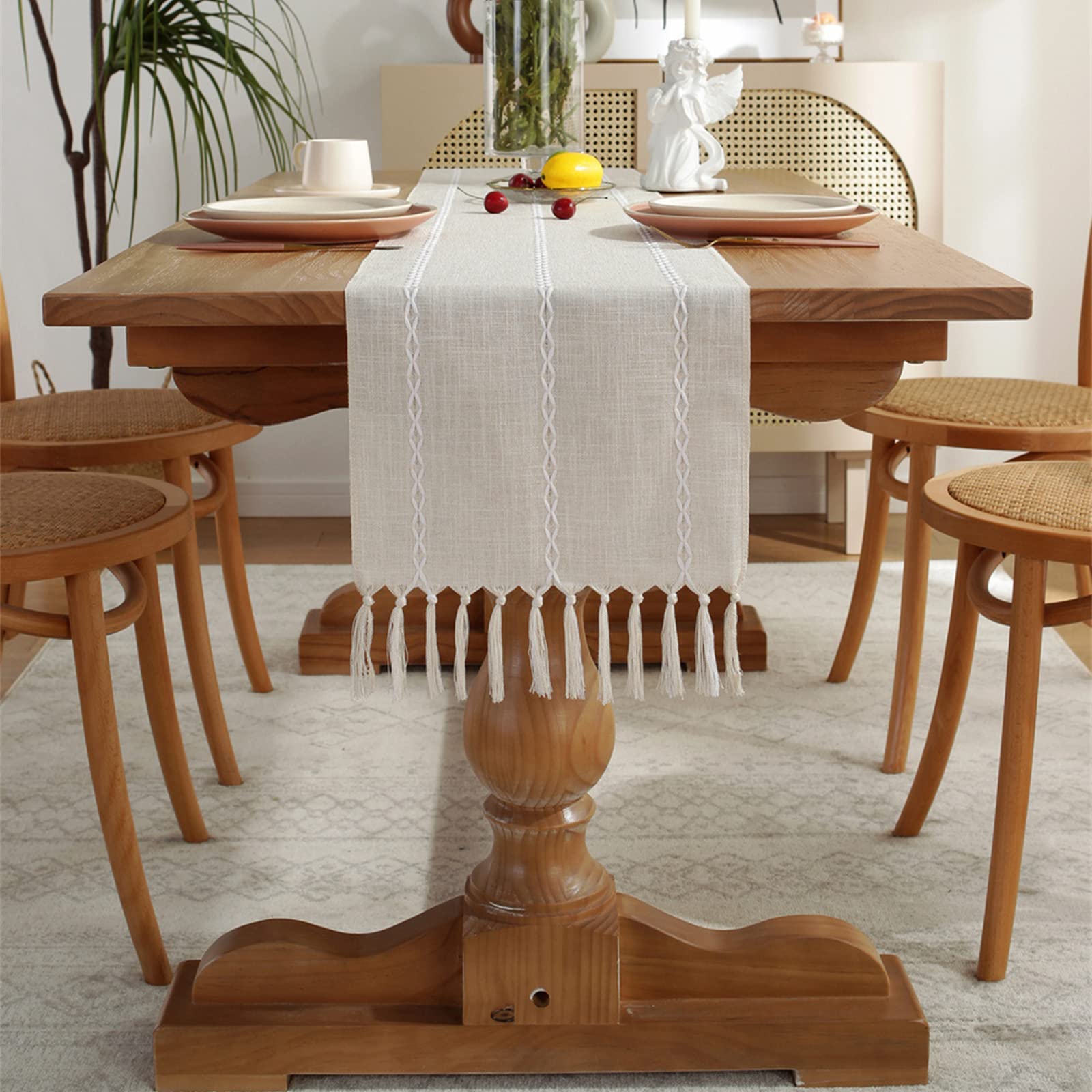 Jeloris Braided Striped Table Runner - Farmhouse Cotton Linen Tablecloth with Tassels - 12x108 Inch Cream Table Decor for Christmas, Parties, Dinner & Kitchen - Perfect for Holiday Gatherings, Birthday Celebrations & Home Decor