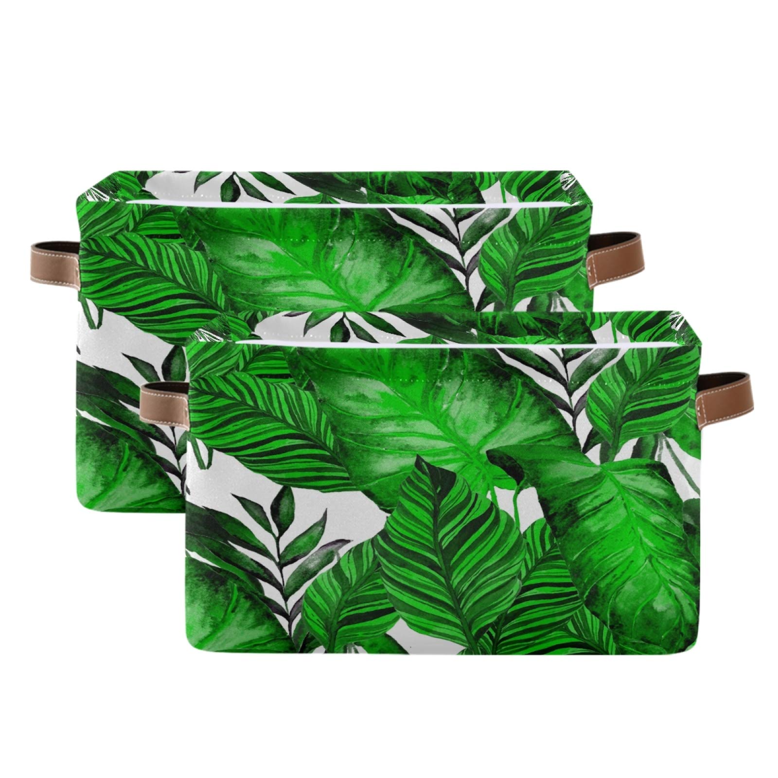 AUUXVA Collapsible Storage Basket - Durable Canvas Organizer Bin with Handles, Green Tropical Palm Leaves Design for Shelf, Closet, Bedroom & Home Office | Perfect for Toys, Blankets & Home Organization