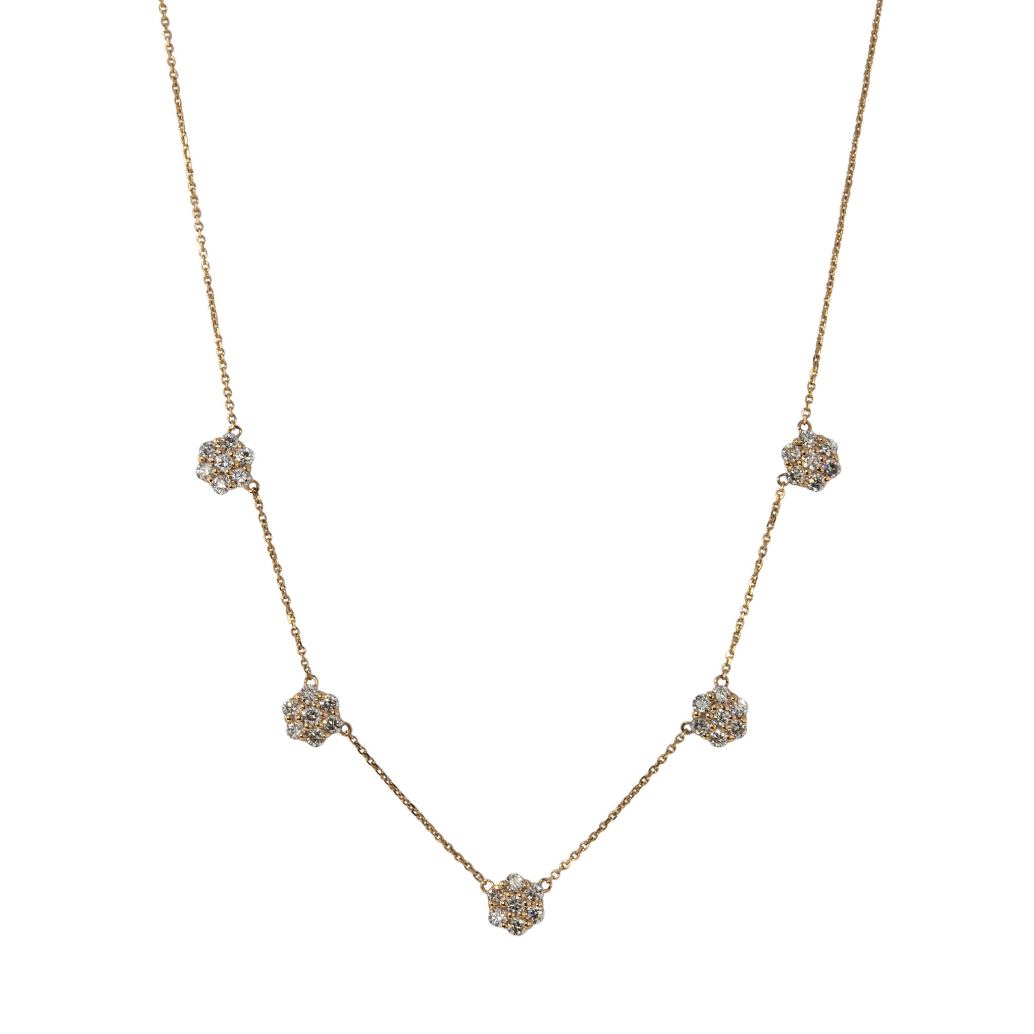 2 Carat Diamond Flower Cluster 5-Station 14K Yellow Gold Necklace for Women - Elegant Bridal Jewelry, Anniversary Gift, or Special Occasion Accessory