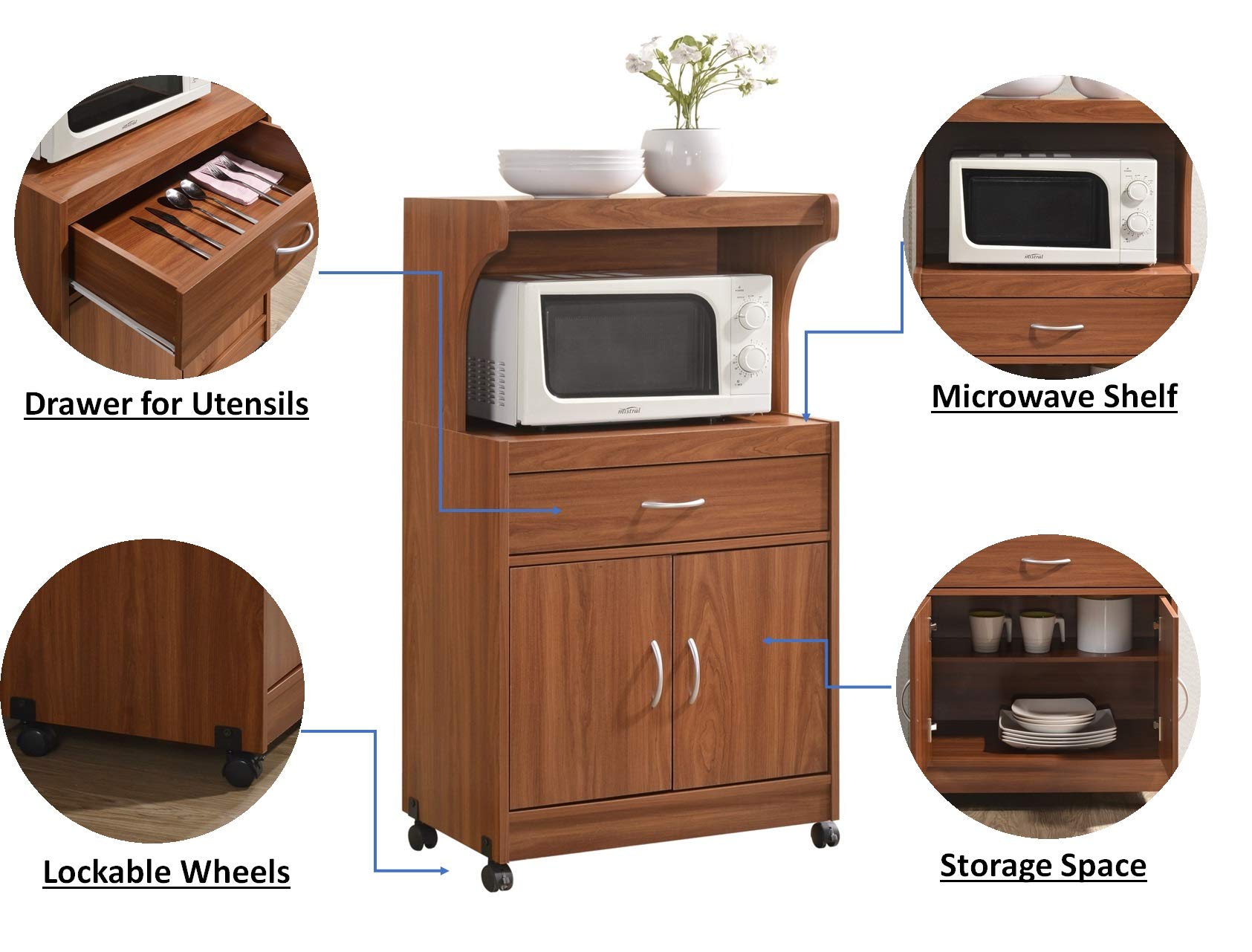 Hodedah Microwave Stand with Storage Shelf - Compact Kitchen Cart for Small Spaces, Cherry Finish - Perfect for Dorms, Apartments & Countertop Organization