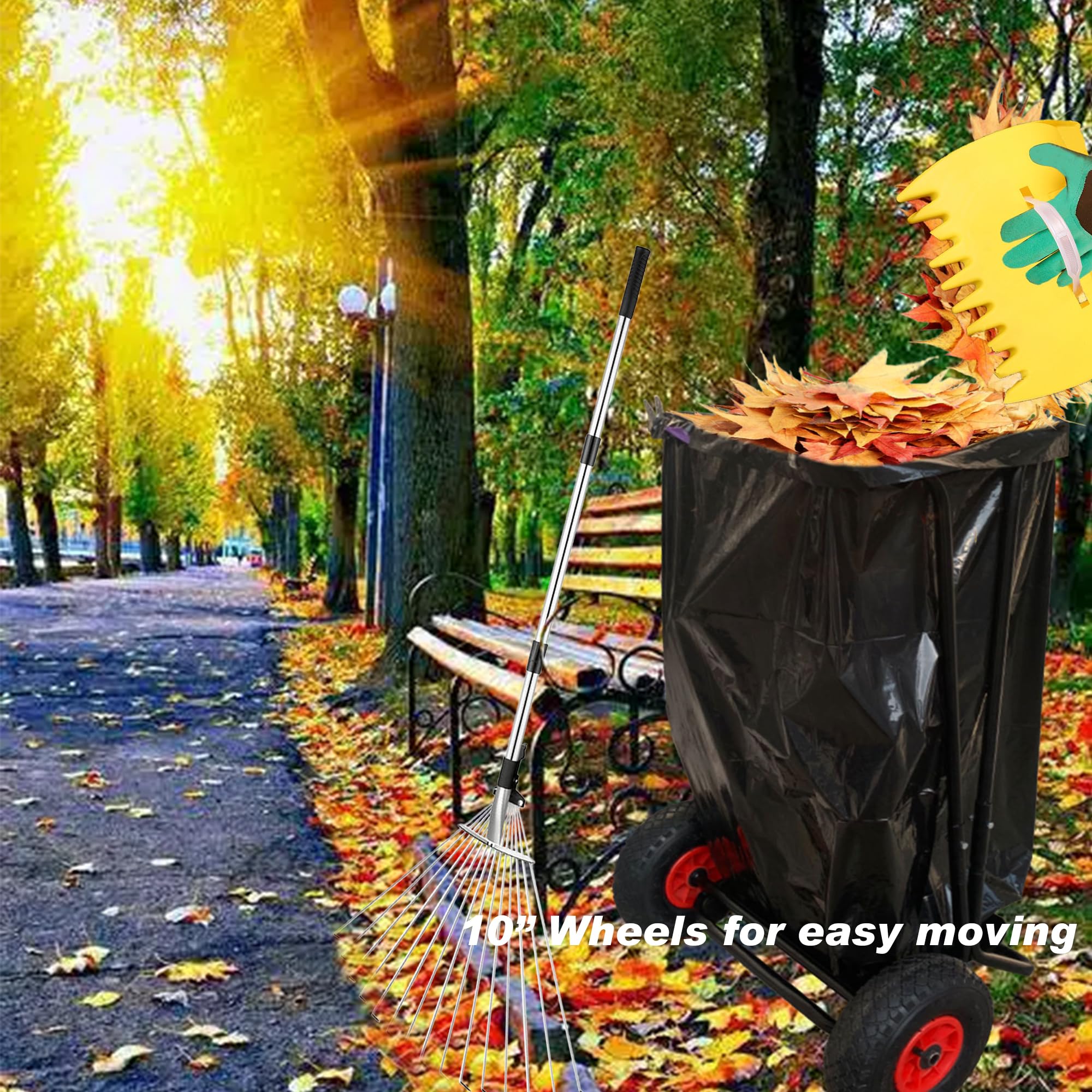 Portable Outdoor Trash Bag Holder with Wheels - 15 Pack 39 Gallon Drawstring Leaf Bags Included | Heavy Duty Lawn & Garden Waste Container for Leaves, Weeding, Camping, Parties & Yard Cleanup