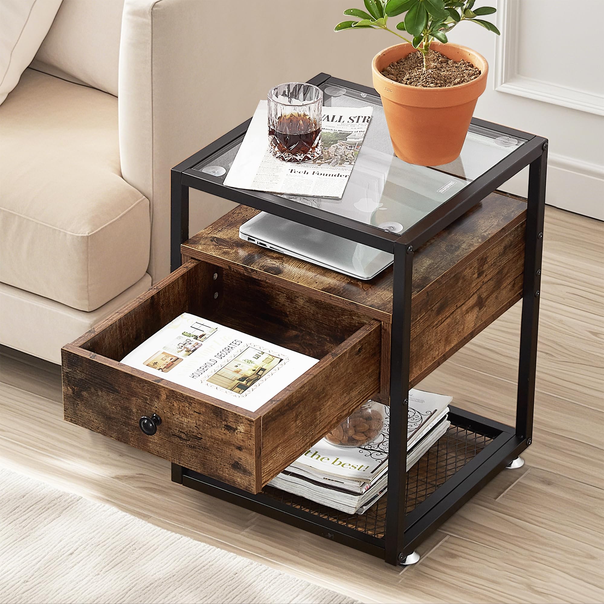 VECELO Set of 2 Nightstands with Glass Top, Drawer and Shelf - Modern End Tables for Bedroom, Living Room, Lounge - Brown Wooden Side Tables (Perfect for Small Spaces, Apartment Furniture & Home Decor)