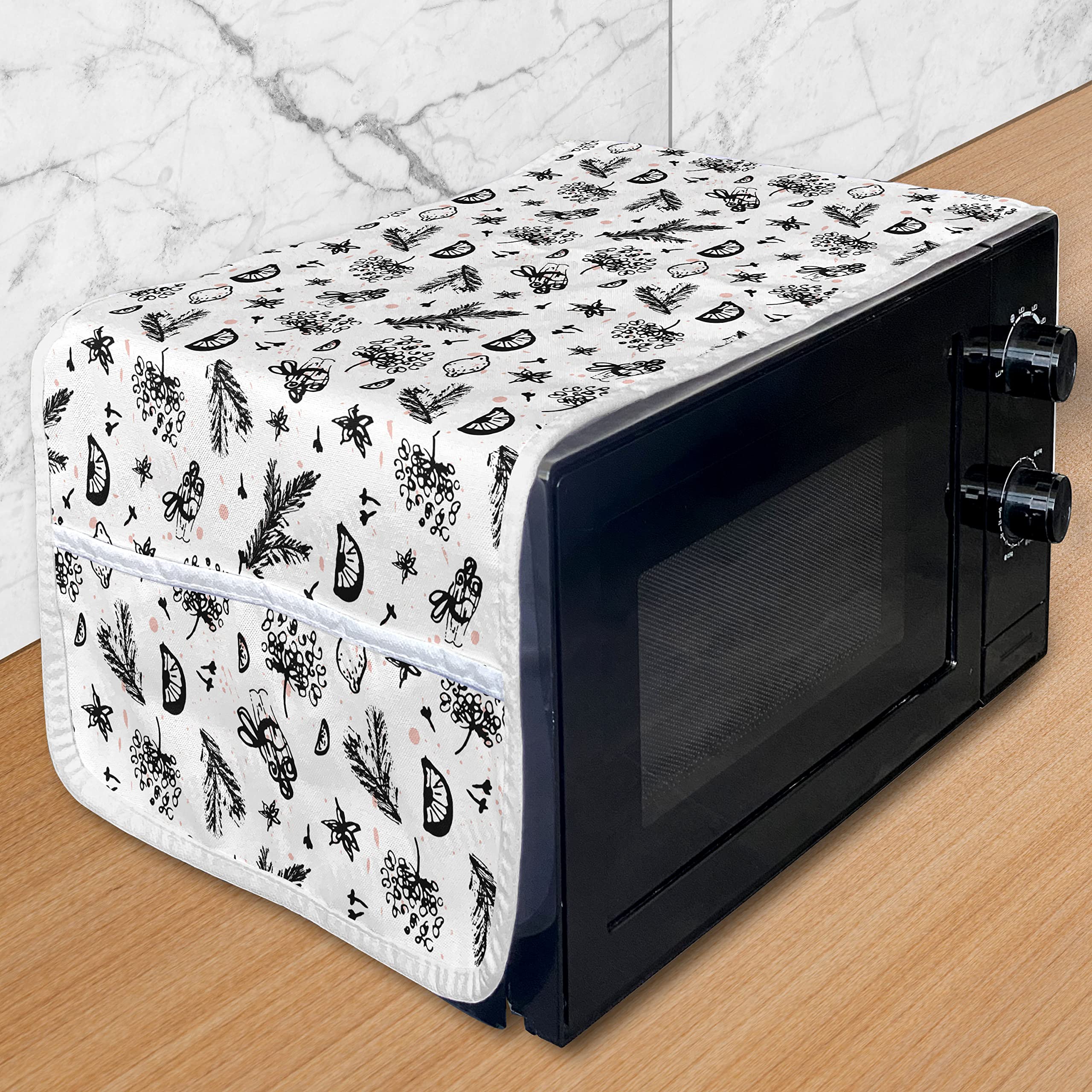 Ambesonne Cartoon Microwave Cover - Hand Drawn Floral & Citrus Fruit Design, Waterproof Kitchen Organizer with Pockets, 36x12 Inches, White Charcoal Grey Blush | Perfect for Small Kitchens & Countertop Protection