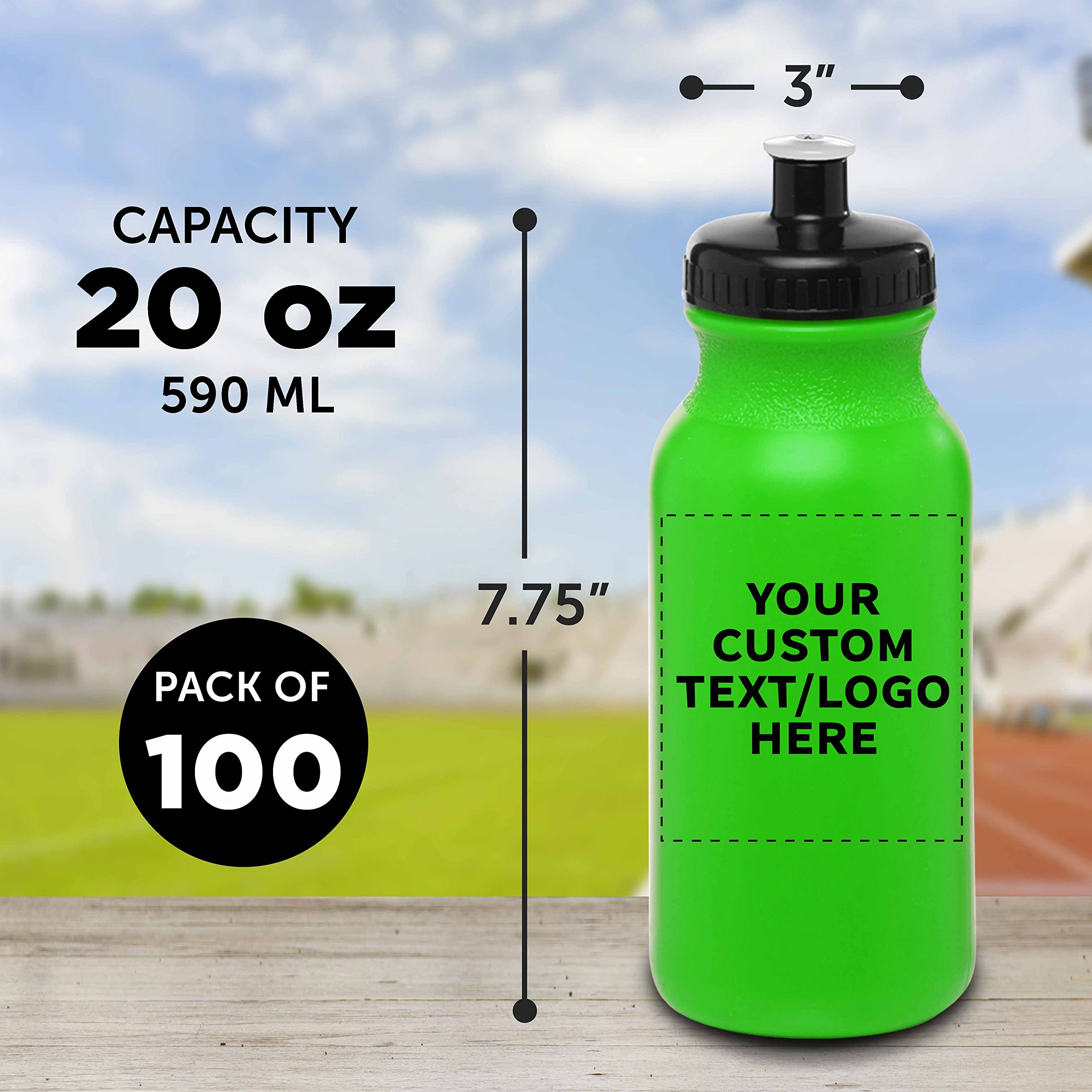 Custom 20 oz. Water Bottles with Push Cap - Bulk Pack of 100 Personalized Neon Green Sport Bottles - Ideal for Gym, Hiking, Camping & Outdoor Activities - Durable Leak-Proof Design for Workouts, Travel & Adventure