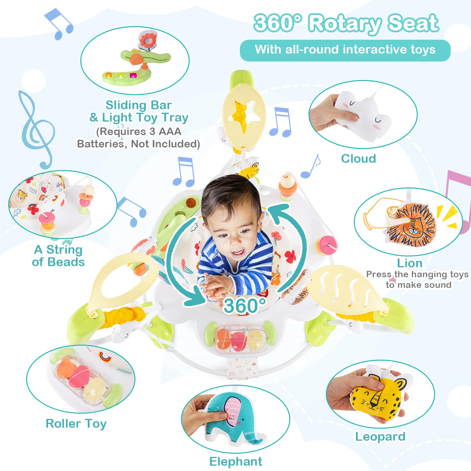 HONEY JOY Baby Bouncer Activity Center - 360° Rotating Jumperoo with Music, Lights & Developmental Toys | 3 Adjustable Heights for Infants 6-12 Months | Interactive Play Mat & Sound Effects | Perfect for Playtime, Learning & Motor Skill Development (Yellow)