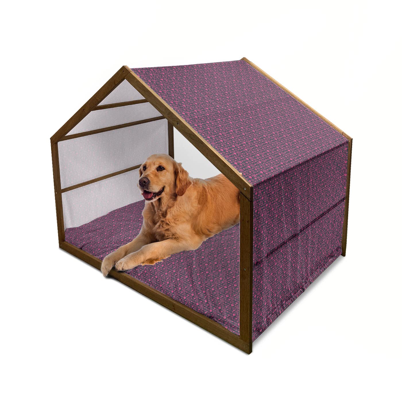 Ambesonne I Love You Wooden Dog House - Romantic Heart Pattern with Love Words for Valentine's Day | Indoor & Outdoor Portable Pet Kennel with Pillow & Cover | X-Large Size in Magenta & Dark Grey | Perfect for Couples Gift & Backyard Decor