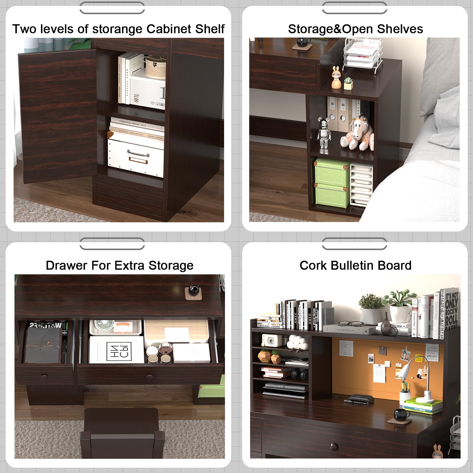 Kids Study Desk and Chair Set for Ages 5-12 - Adjustable Children's Computer Desk with Bulletin Board, Storage Drawers & Cabinets in Espresso Finish - Perfect for Homework, Online Learning & Small Spaces