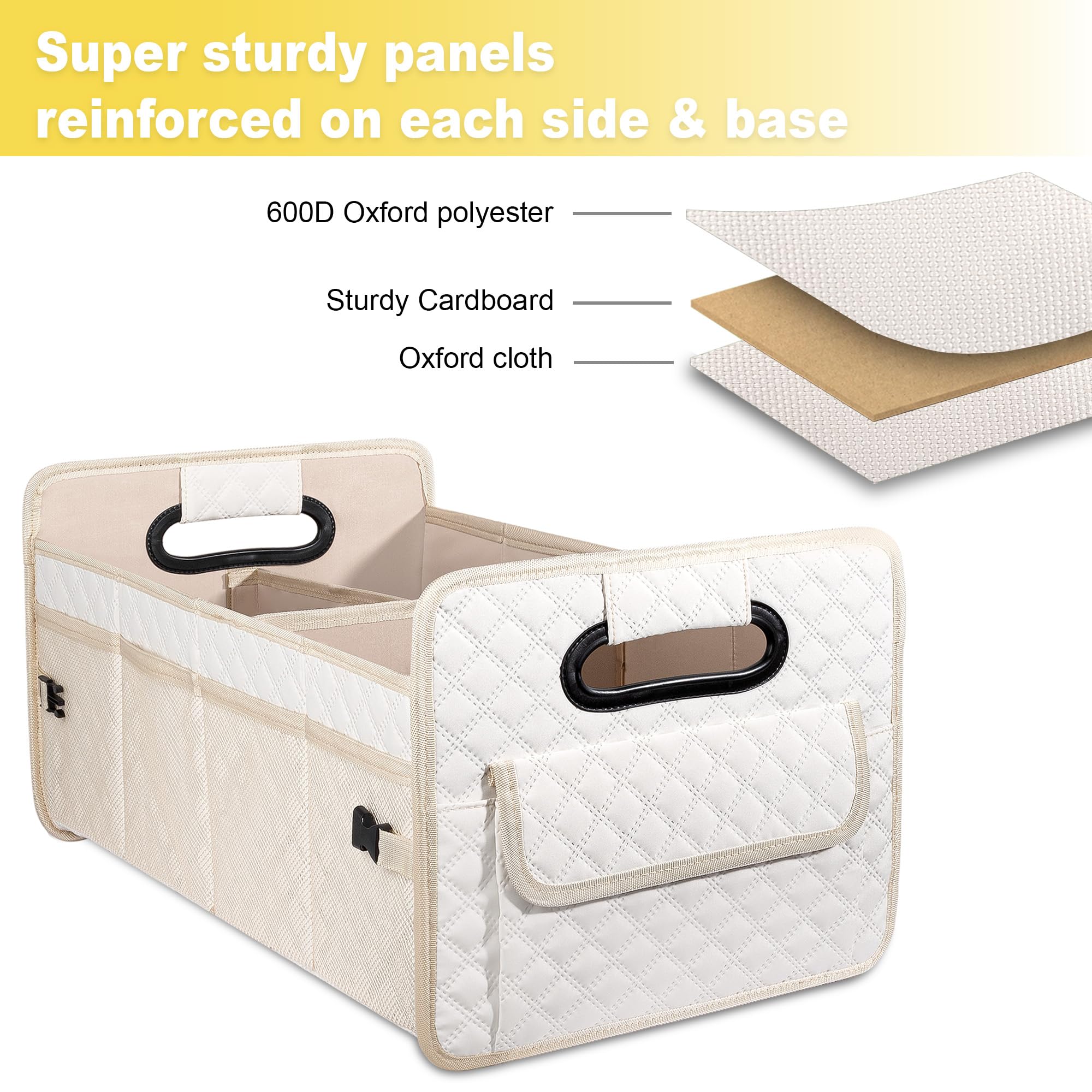 JiatuA Collapsible Multi-Compartment Car Trunk Organizer for SUV - Adjustable Storage Container Box for Women & Men (Beige) | Perfect for Road Trips, Grocery Shopping & Car Organization