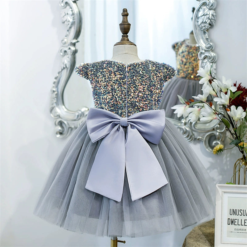 Princess Round Tea Length Tulle Flower Girl Dress in Grey - Perfect for Weddings, Birthday Parties & Special Occasions