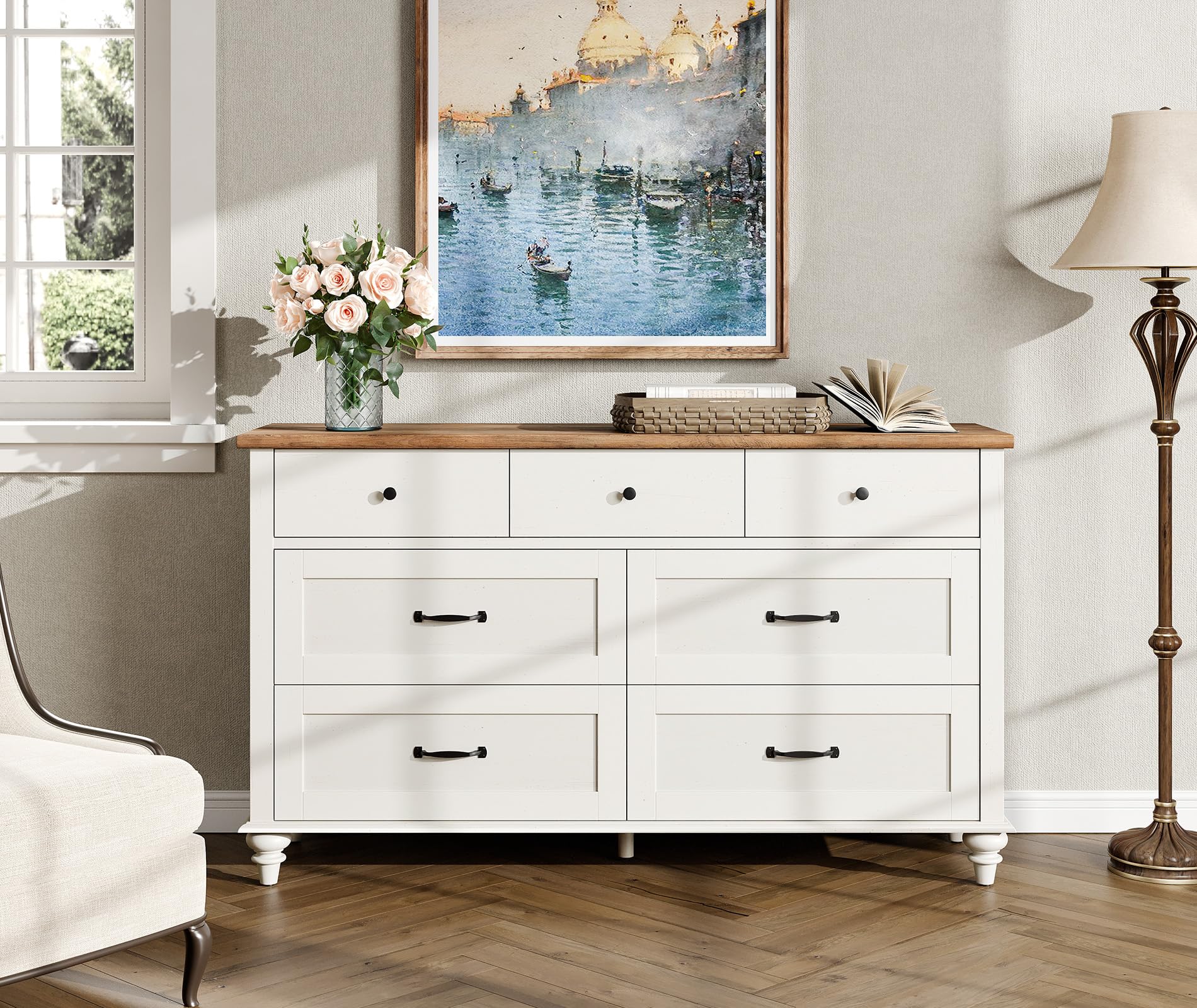 WAMPAT 7-Drawer Kids Dresser for Nursery & Bedroom - White Mid Century Modern Baby Dresser Organizer, 54 Inch Wide Distressed Chest for Children's Room Storage - Perfect for Clothes, Toys & Nursery Organization