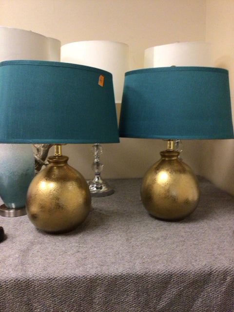Elegant Pair of Gold Sphere Table Lamps with Teal Shades - Modern Home Decor for Living Room, Bedroom, or Office Lighting