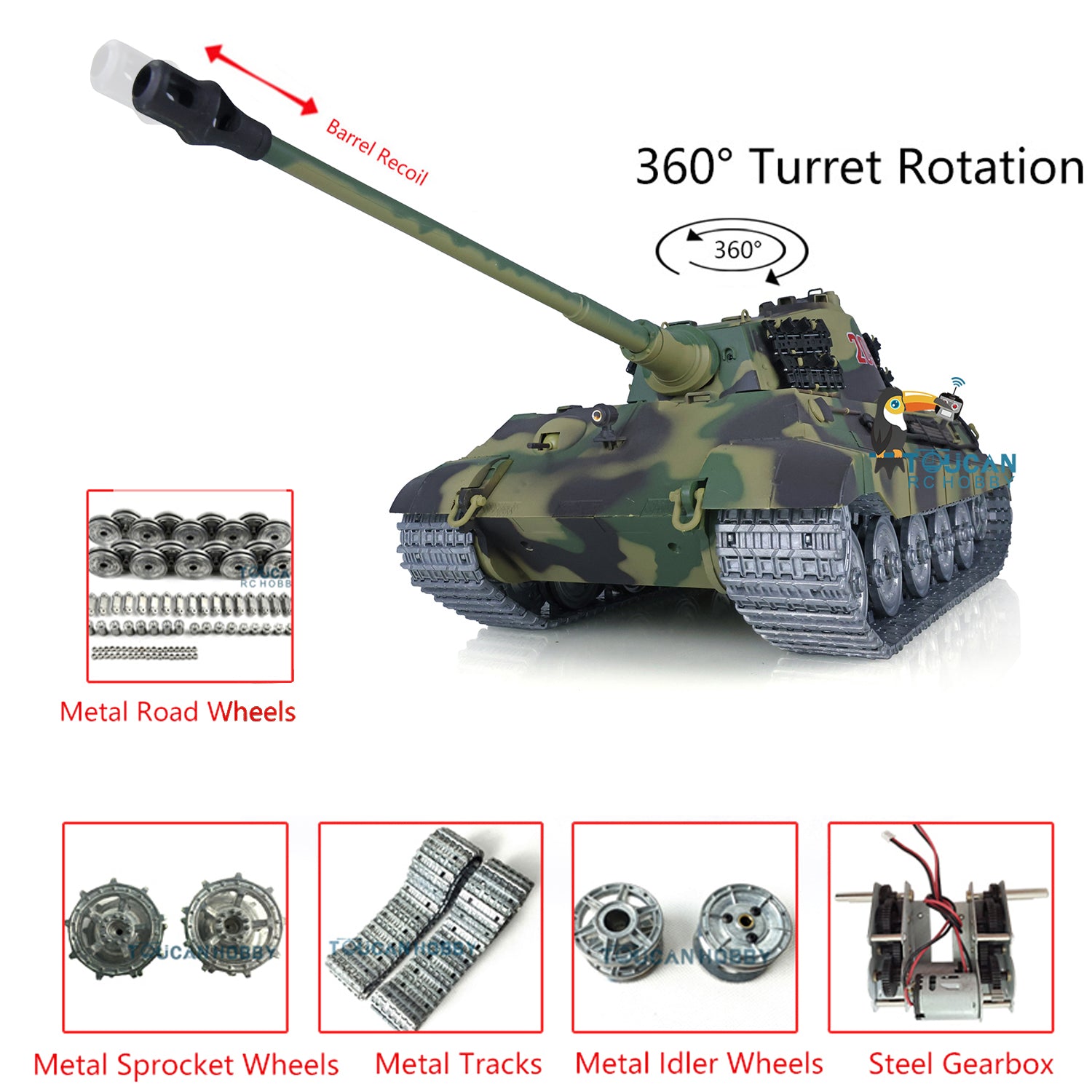 1/16 Scale Henglong King Tiger RC Battle Tank - 7.0 Customized Mainboard, 3888A Metal Road Wheels & Sprockets, Barrel Recoil System | US Stock | Perfect for Military Enthusiasts & RC Tank Battles