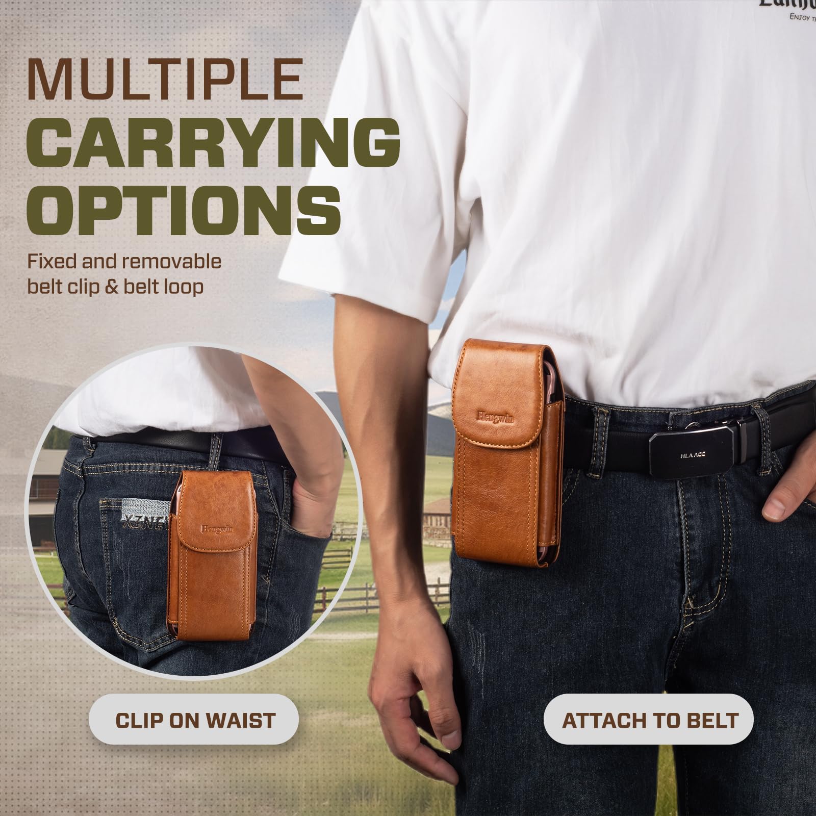 Premium Genuine Leather Phone Holster with Belt Clip - Compatible with iPhone 16 Plus/15 Pro Max/14 Pro Max/13 Pro Max & Samsung Galaxy A15/S24 Ultra/S23+ - Durable Brown Leather Phone Case for Men - Ideal for Construction Work, Office Professionals, Outdoor Adventures & Everyday Carry