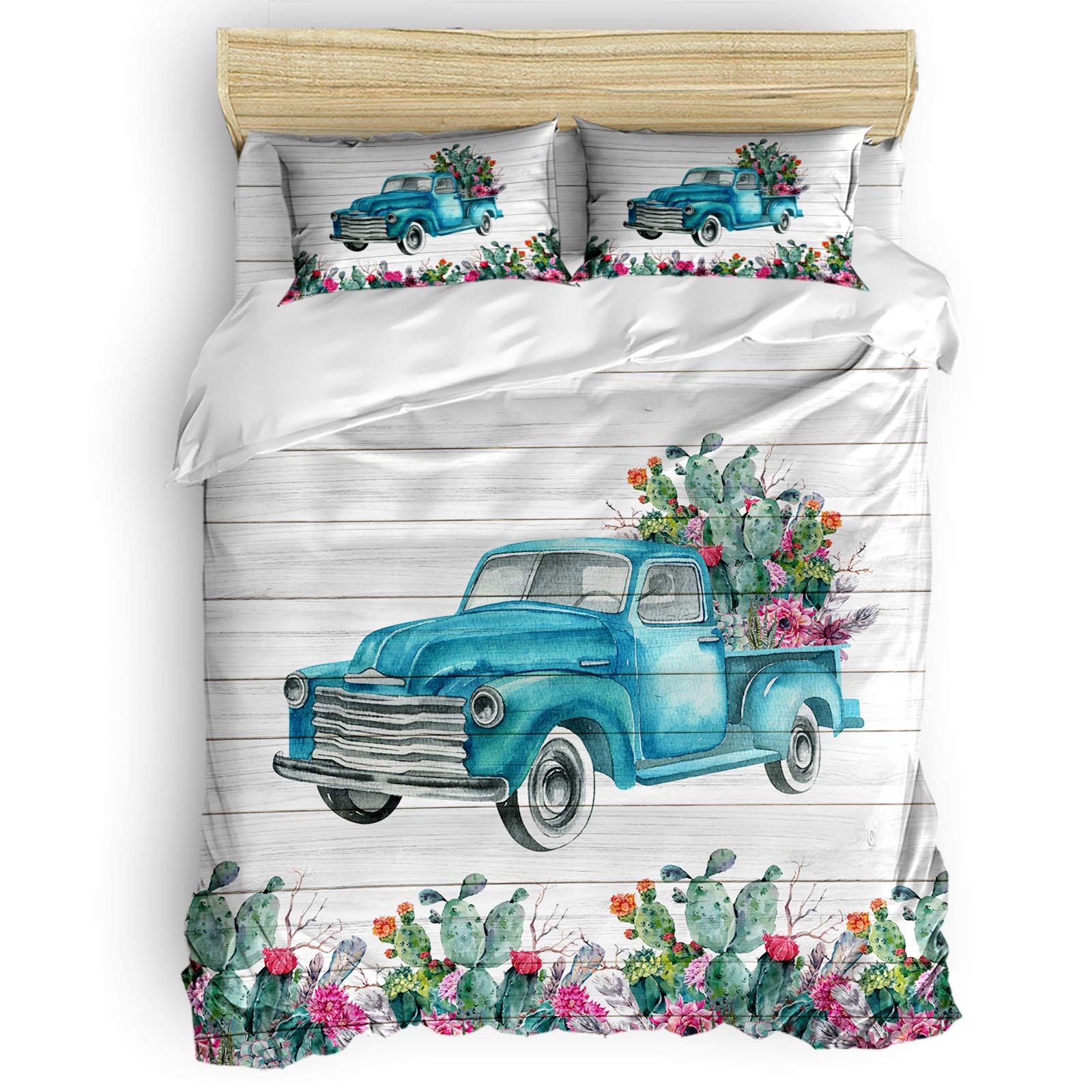 King Size Tropical Plants Duvet Cover Set - 4 Piece Bedding with Cactus & Pink Floral Design, Wood Grain Print, Includes Duvet Cover with Corner Ties + 2 Pillowcases + Fitted Sheet - Perfect for Boho Bedroom Decor, Desert Theme Nursery or Southwest Style Home
