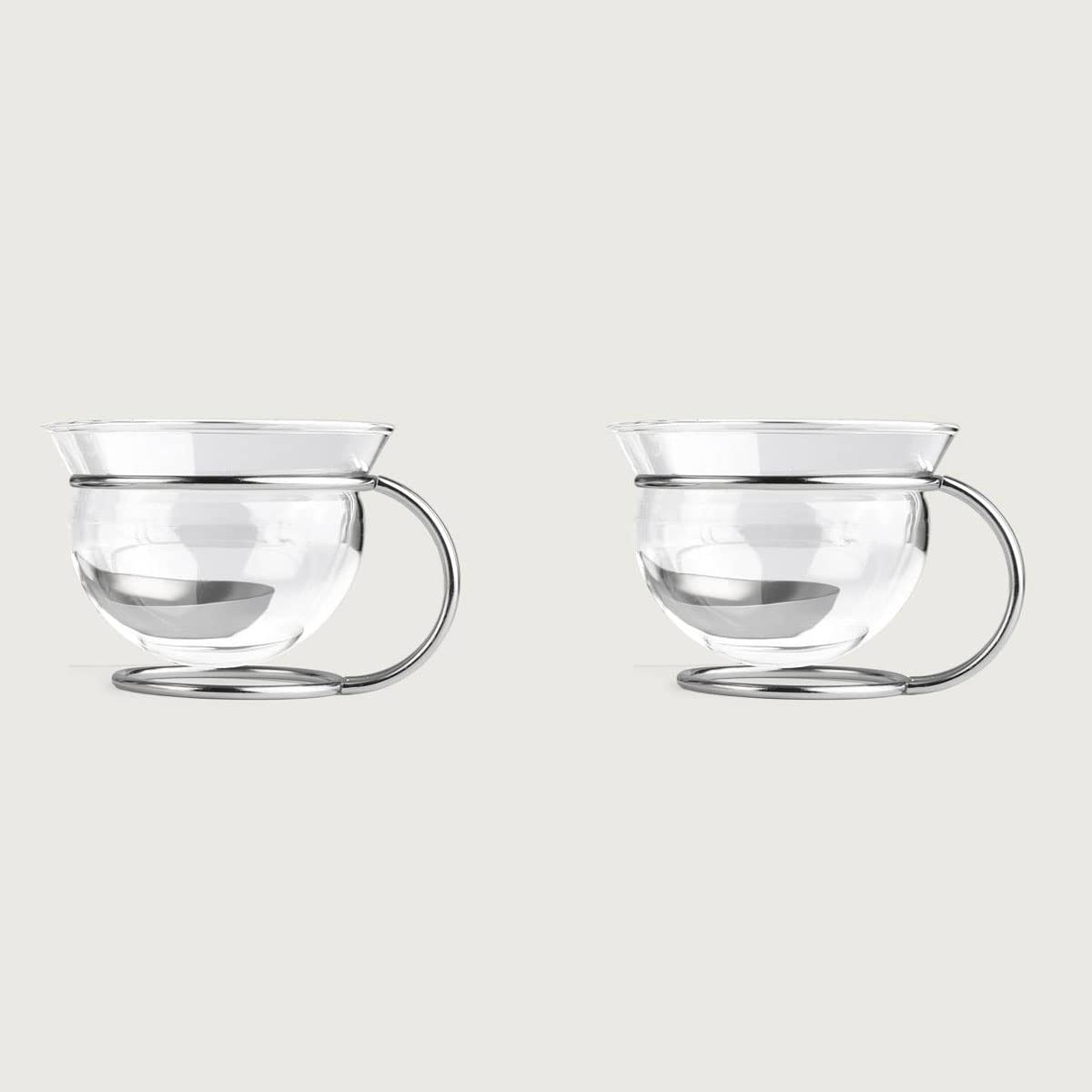 Premium Stainless Steel & Glass Tea Cups Set - 2-Pack 4.2 oz Clear Modern Reusable Tea Glasses for Hot & Cold Beverages - Perfect for Home, Office, or Gift Giving
