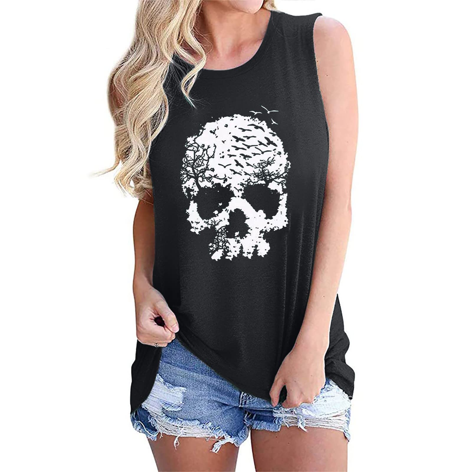 Trendy Women's Sleeveless Summer Tops - Casual Round Neck Pullover with Skeleton Print - Perfect for Beach Outings, Music Festivals & Summer Vacations