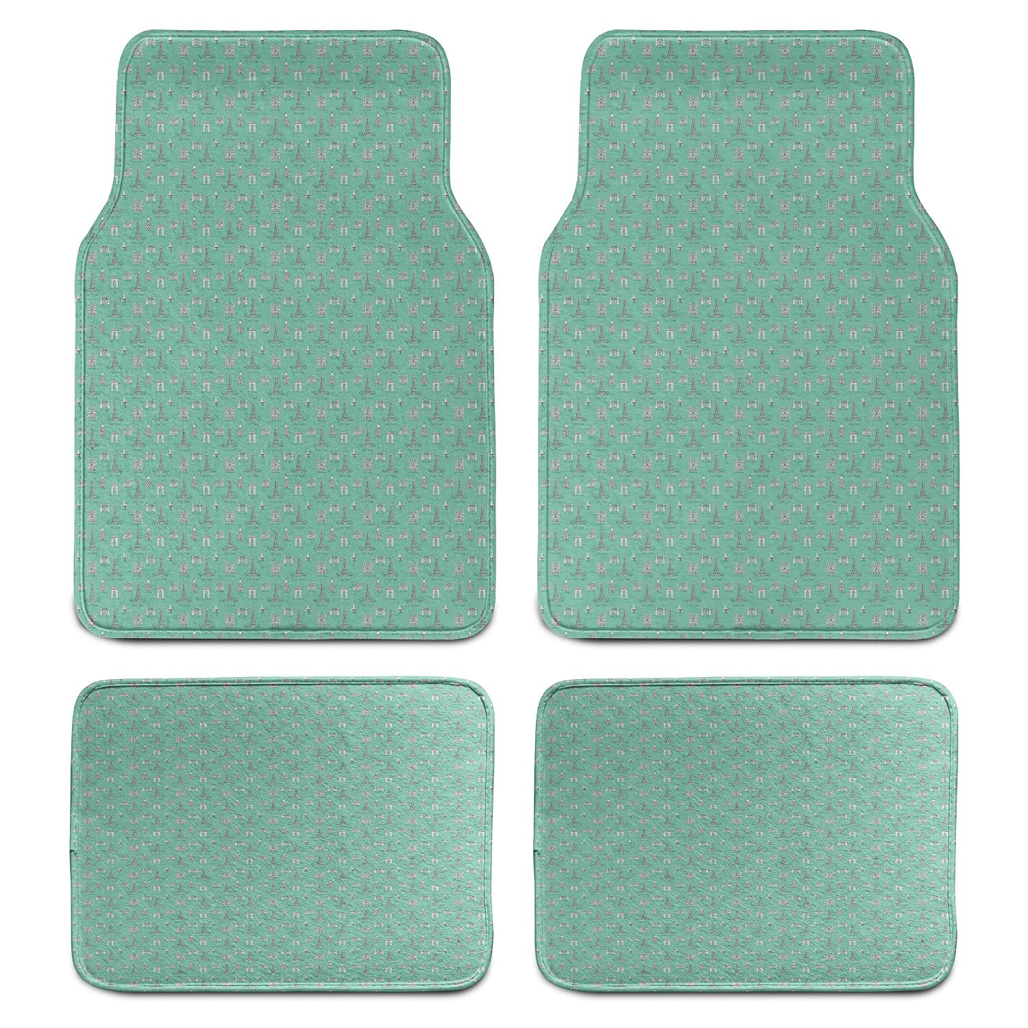 Ambesonne Notre Dame de Paris 4-Piece Car Mat Set - French-Inspired Continuous Pattern Floor Mats for Front & Back Seats - Durable PVC Backing - Seafoam White - Perfect for Car Enthusiasts & Paris Lovers