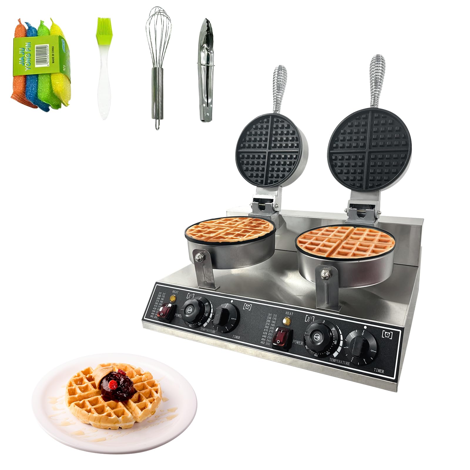 Commercial Waffle Maker Machine 2400W - 110V Stainless Steel Double Grid Non-Stick Waffle Iron for Home, Cafe, Restaurant - Perfect for Breakfast, Brunch, and Dessert Making