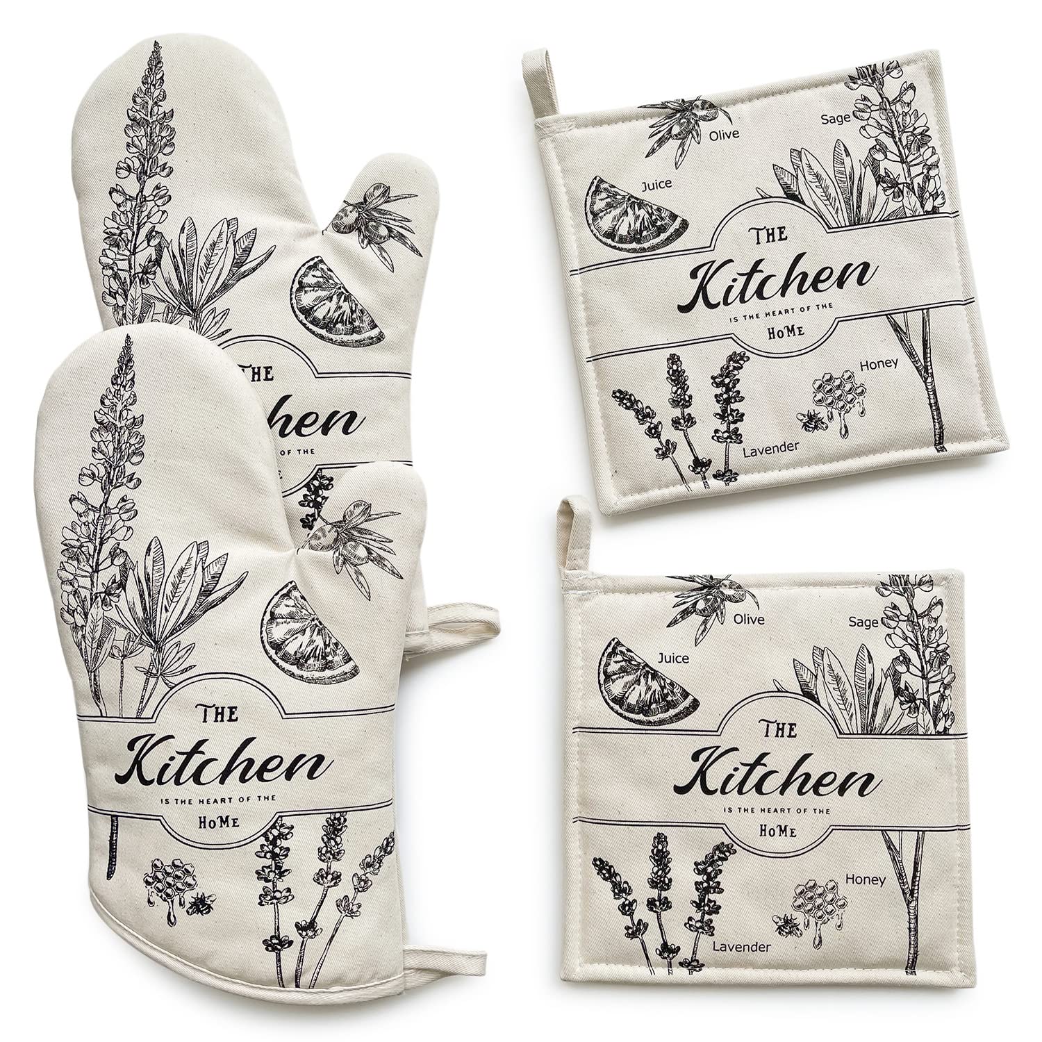 4PCS Beige Oven Mitt Set - 100% Cotton Heat Resistant Kitchen Gloves & Pot Holders for Baking, Cooking, and Grilling