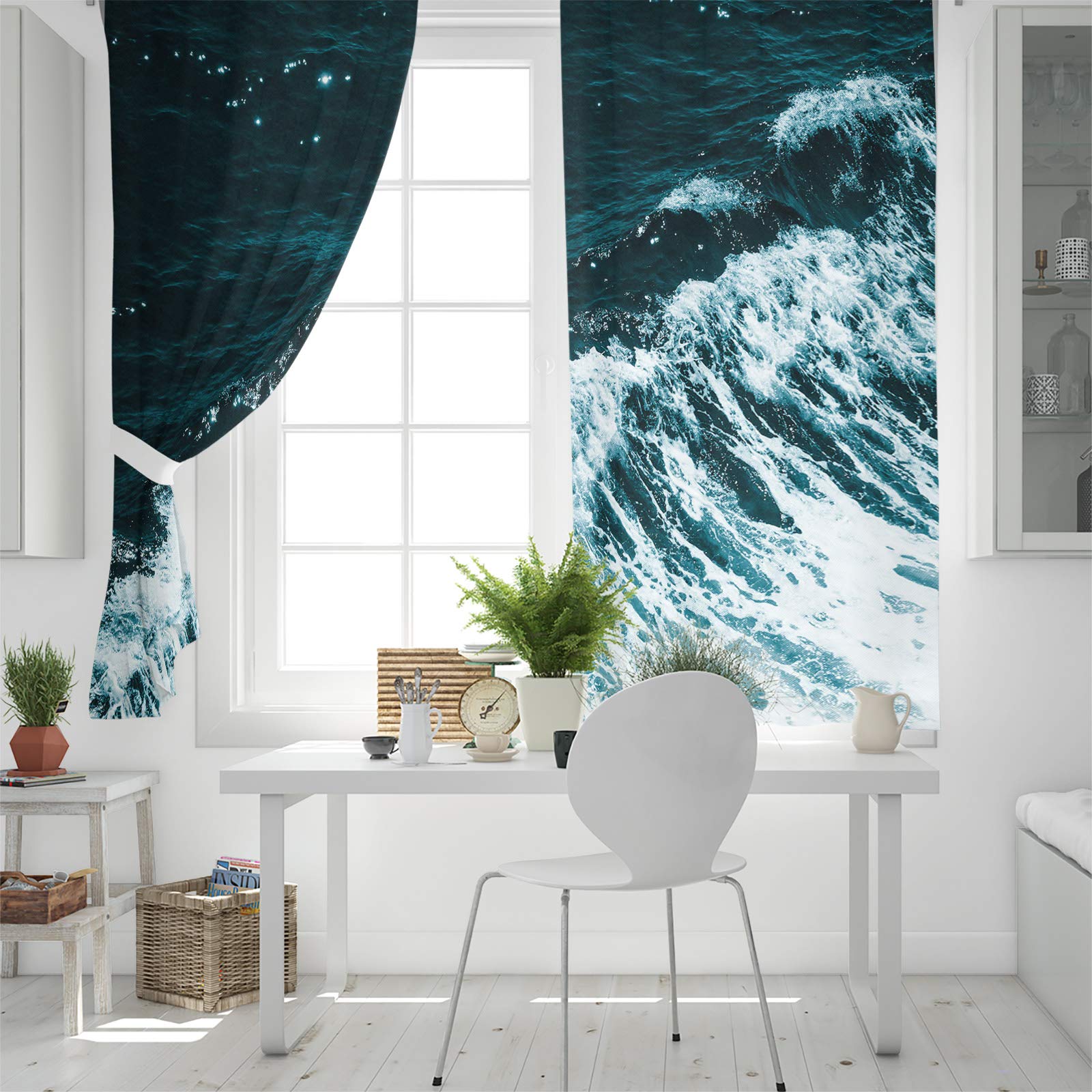 Thermal Insulated Room Darkening Curtains Set of 2 - Ocean Wave Blue Print Blackout Drapes 52x96 Inch for Bedroom & Bathroom | Energy Saving Window Treatment for Summer & Winter