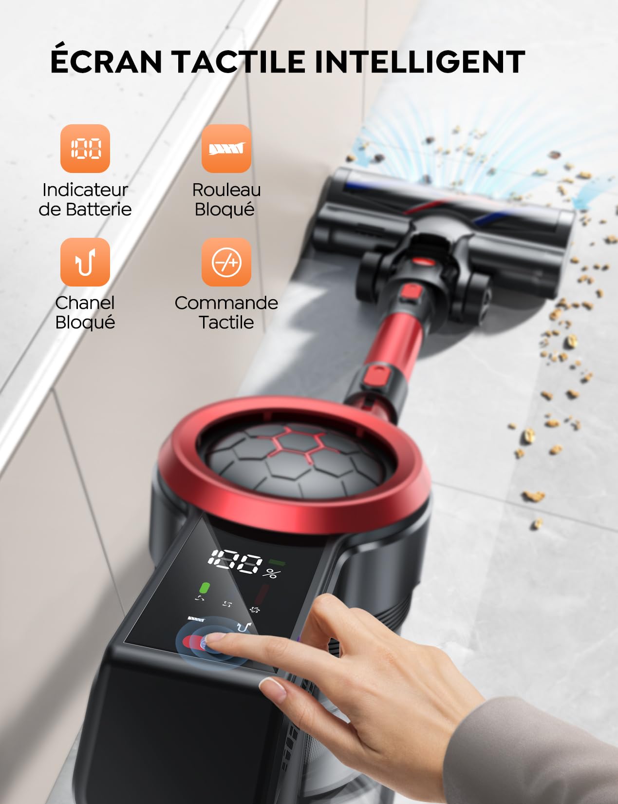Powerful 450W/38KPA Cordless Stick Vacuum Cleaner with Smart Touch Display - 55 Min Runtime, 1.5L Dust Cup, Lightweight & Anti-Tangle - Ideal for Hardwood Floors, Carpets, Pet Hair Cleaning (Home, Office, Car Use)
