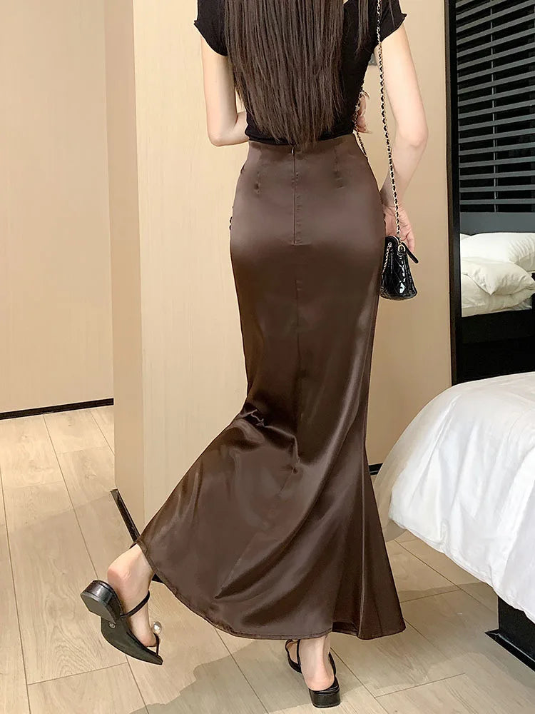 Black & Brown High Waist Pleated Fishtail Wrap Skirt for Women | Korean Style Office & Summer Elegant Skirt 2024 | Perfect for Work, Dating & Special Occasions